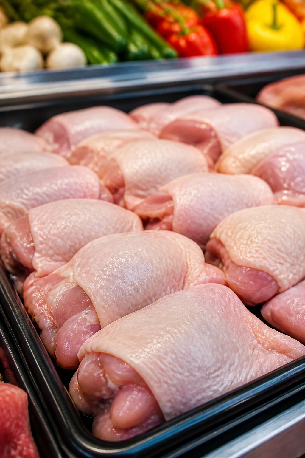 Close-up of chicken thighs in a meat tray at a grocery store.
