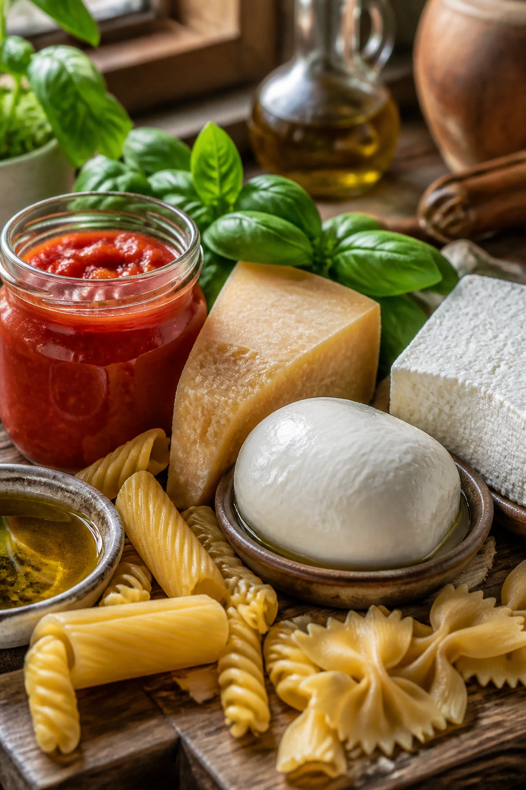 Close-up of fresh Italian ingredients on a rustic counter for Italian cooking
