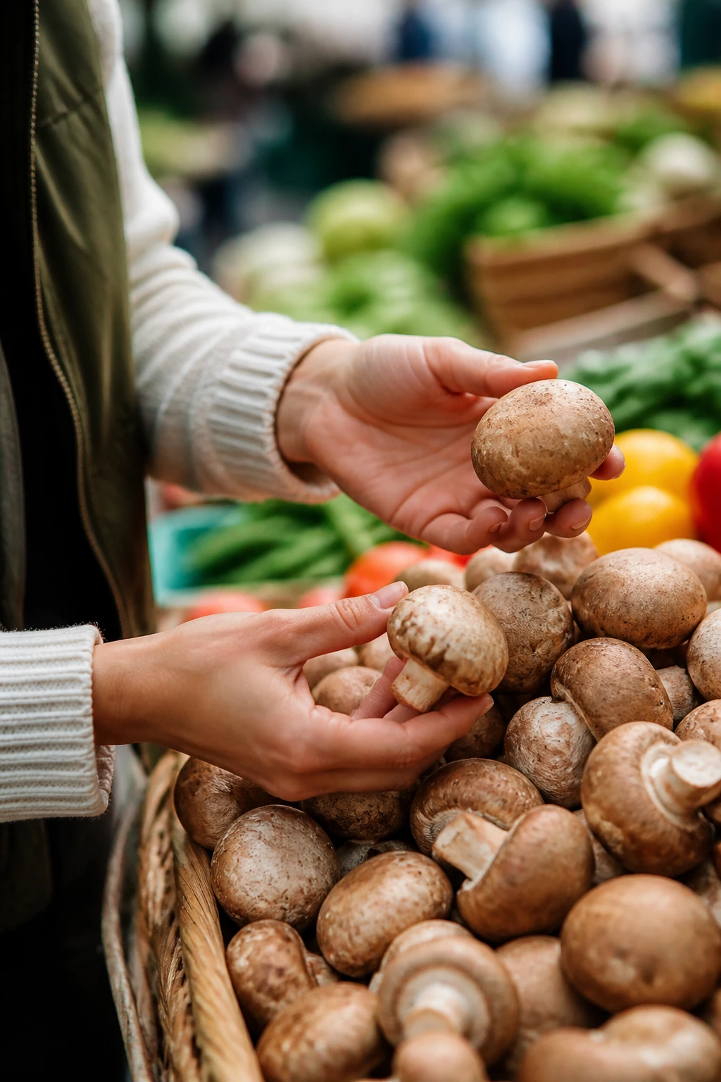 Hands selecting fresh mushrooms at a market