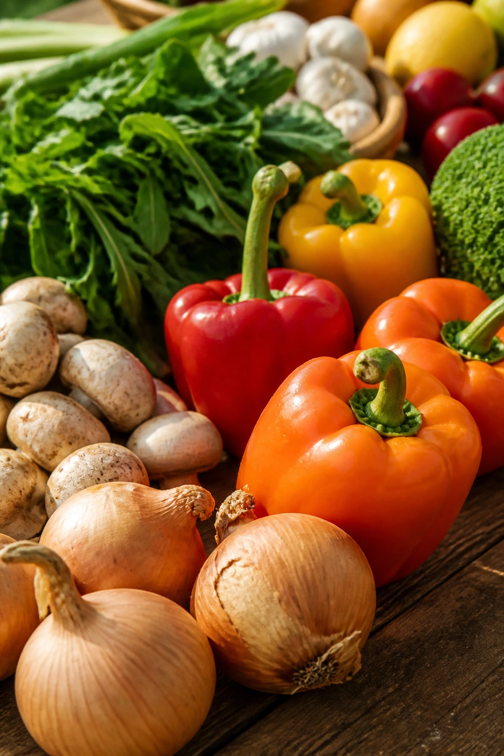 Fresh produce arranged on a market-style wooden table