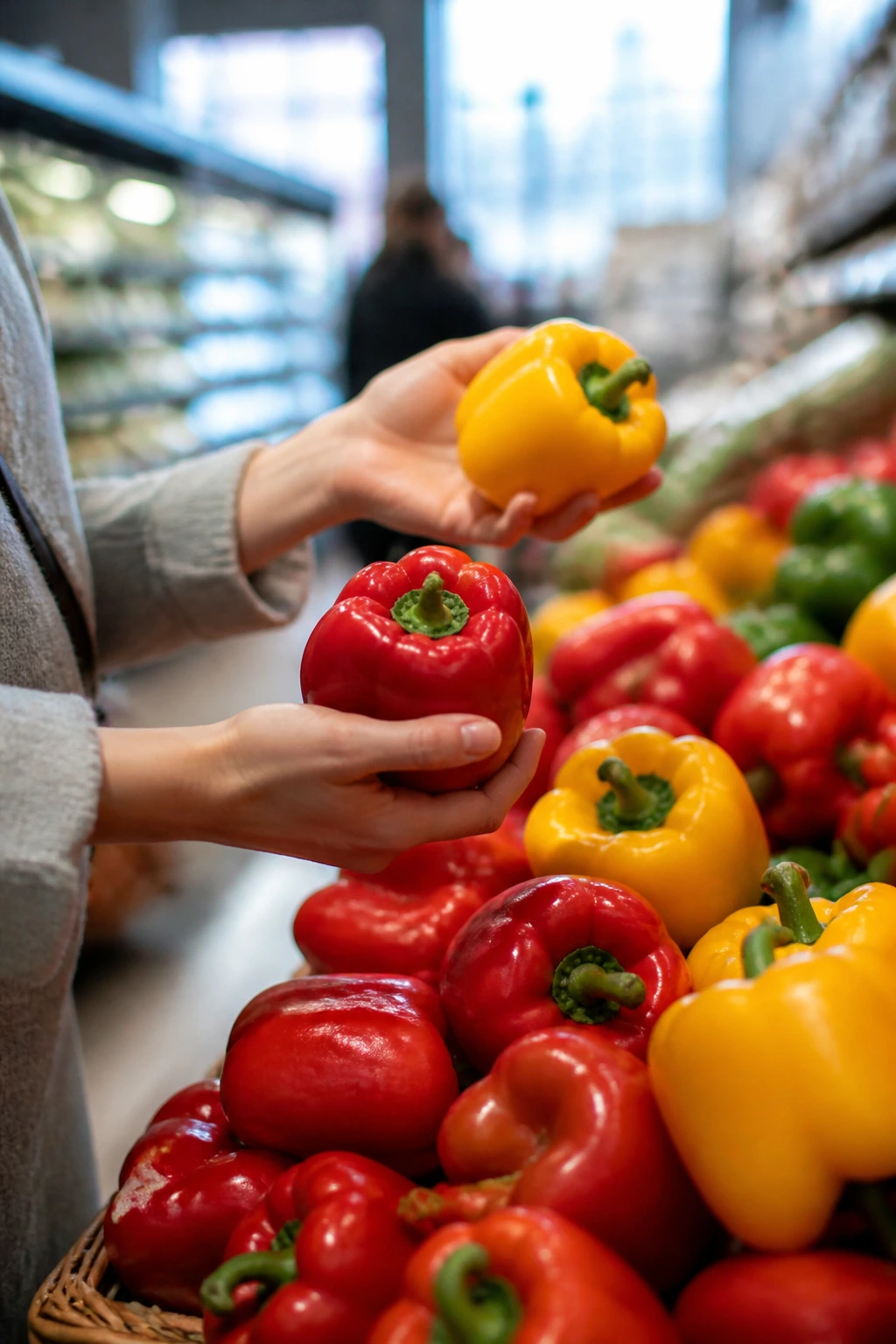 Hands selecting peppers in a grocery store produce section
