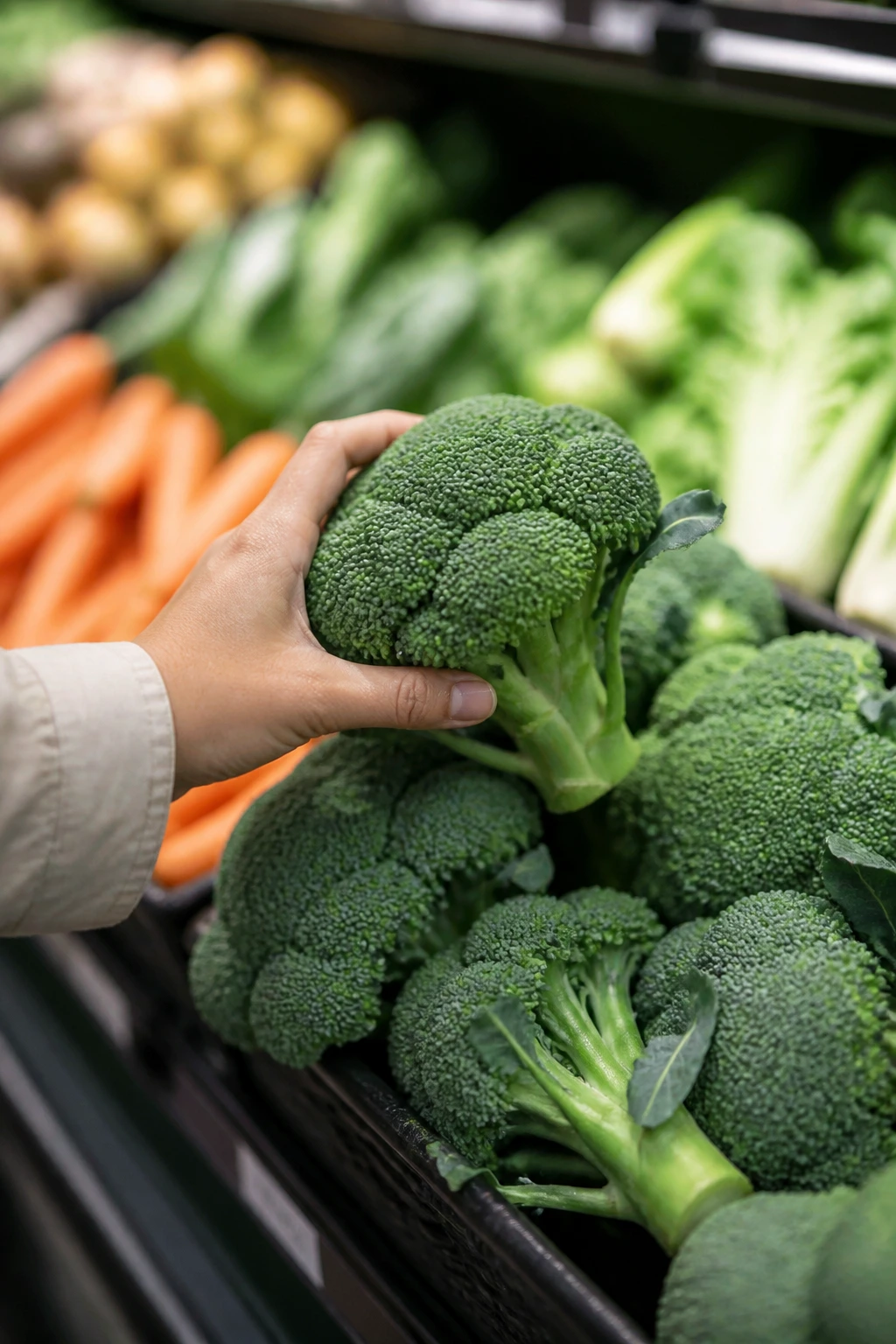 Hand selecting broccoli in a grocery store