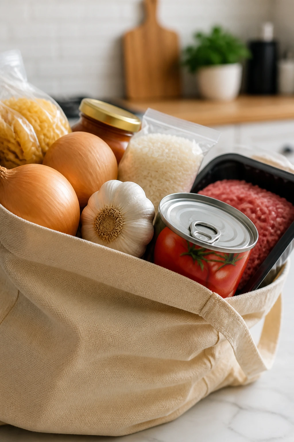 Grocery bag with onions and garlic and canned tomatoes on a kitchen counter