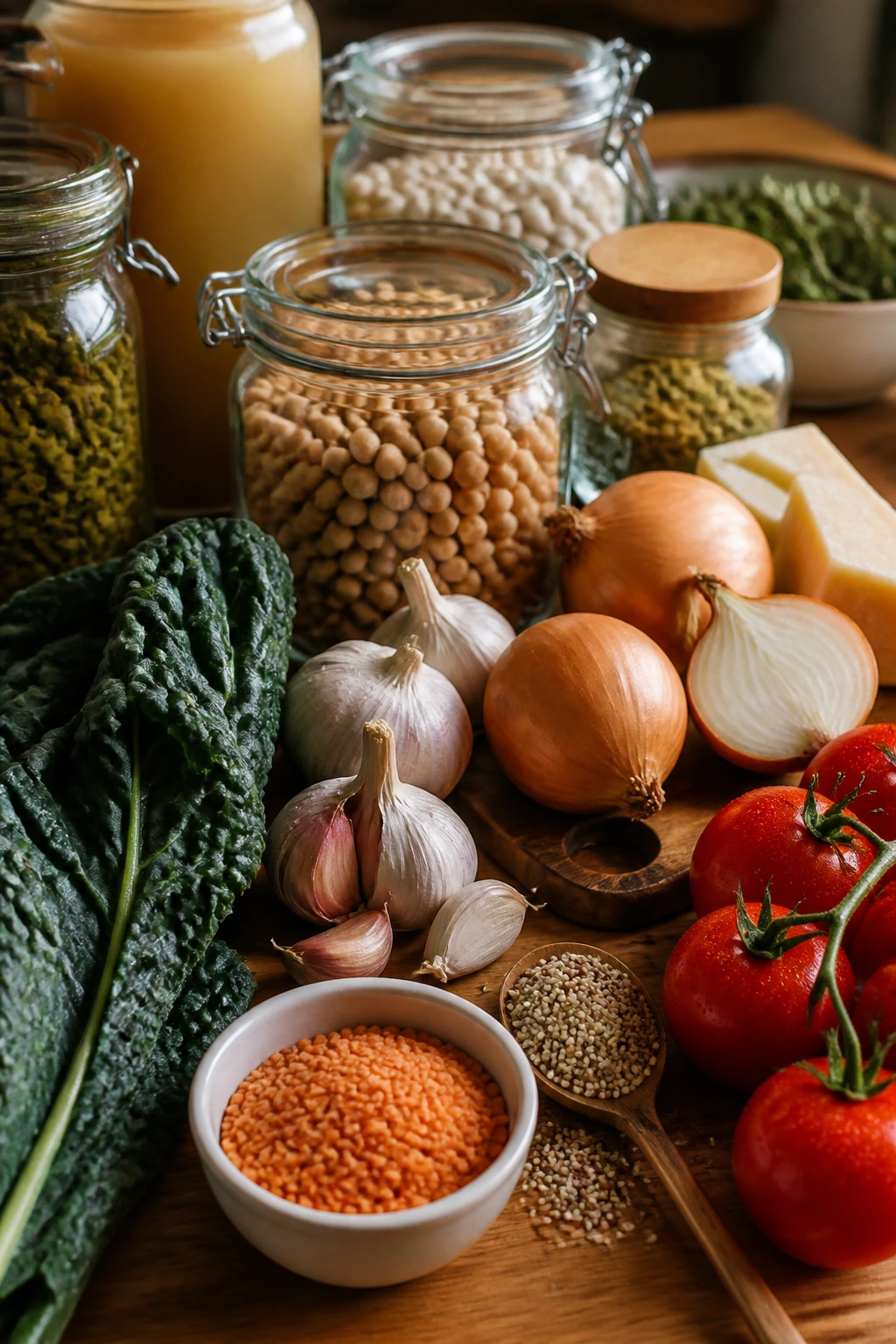 Fresh ingredients and pantry staples neatly arranged on a wooden counter.