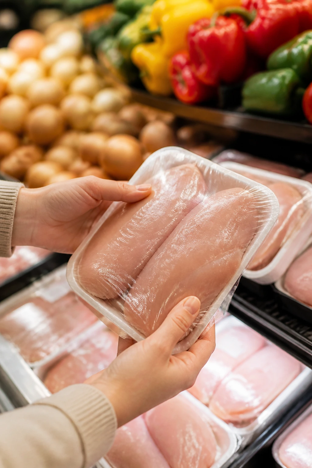 Hands selecting thin-cut chicken breast in grocery store.