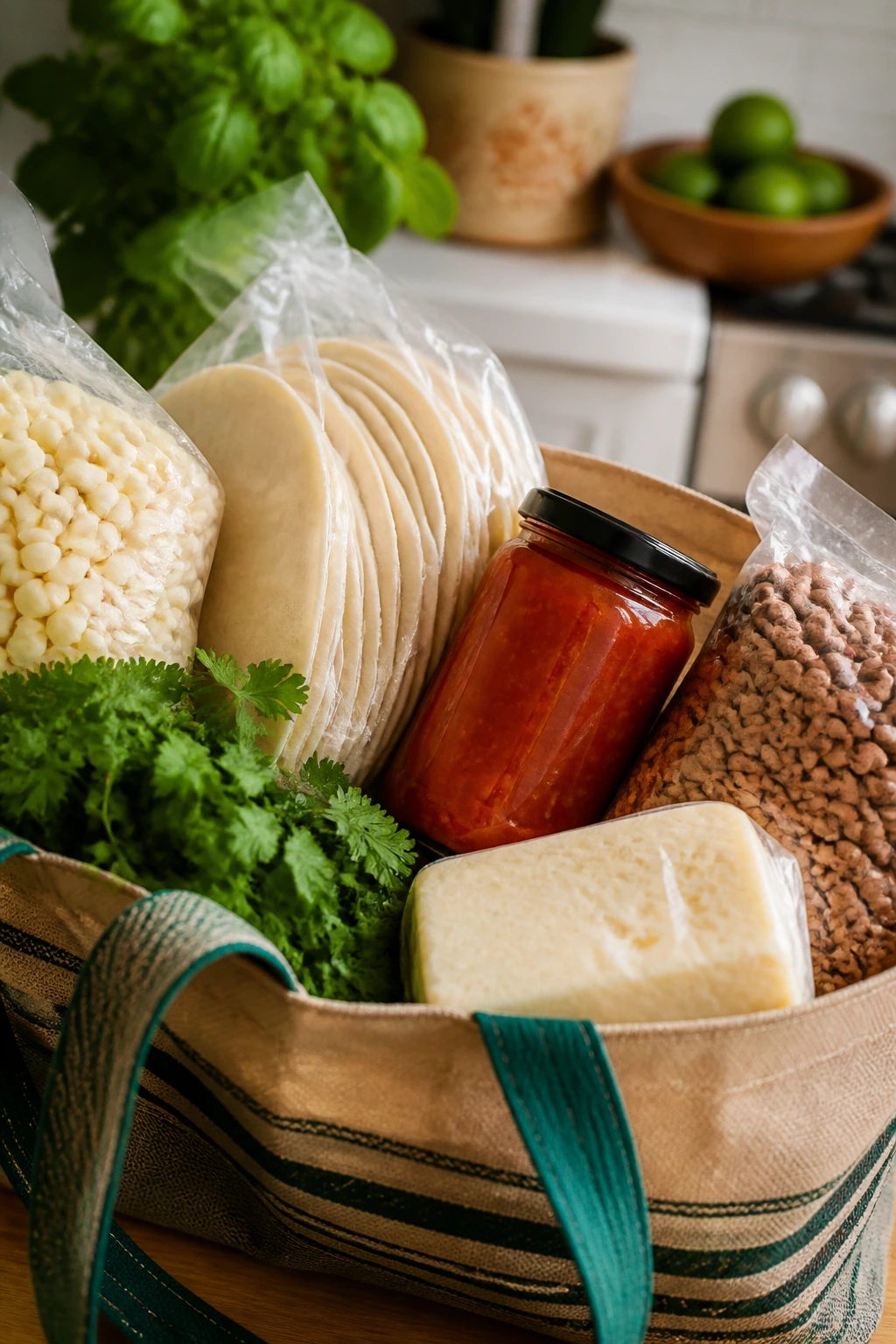 Grocery basket with tortillas, beans, salsa, cheese for Mexican dinners