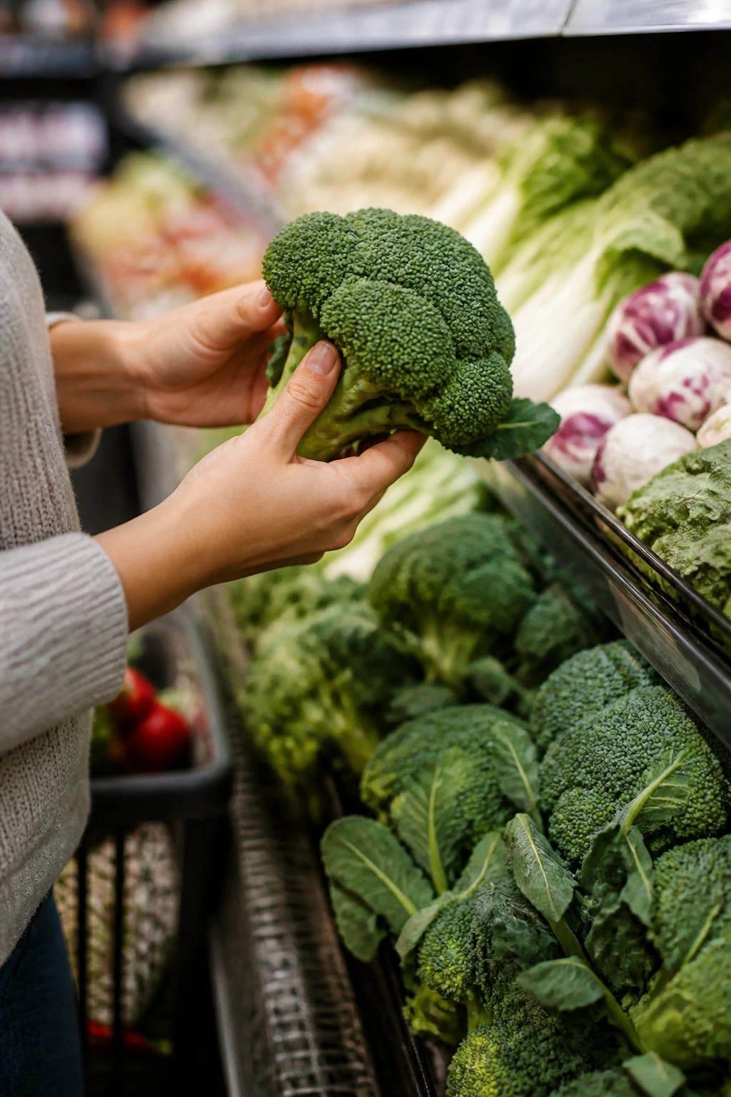 Hands selecting broccoli in a grocery store produce aisle.