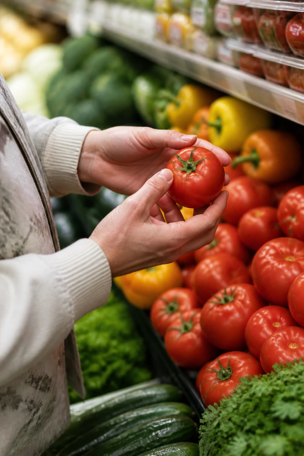 Close-up of hands selecting a ripe tomato in a grocery store.