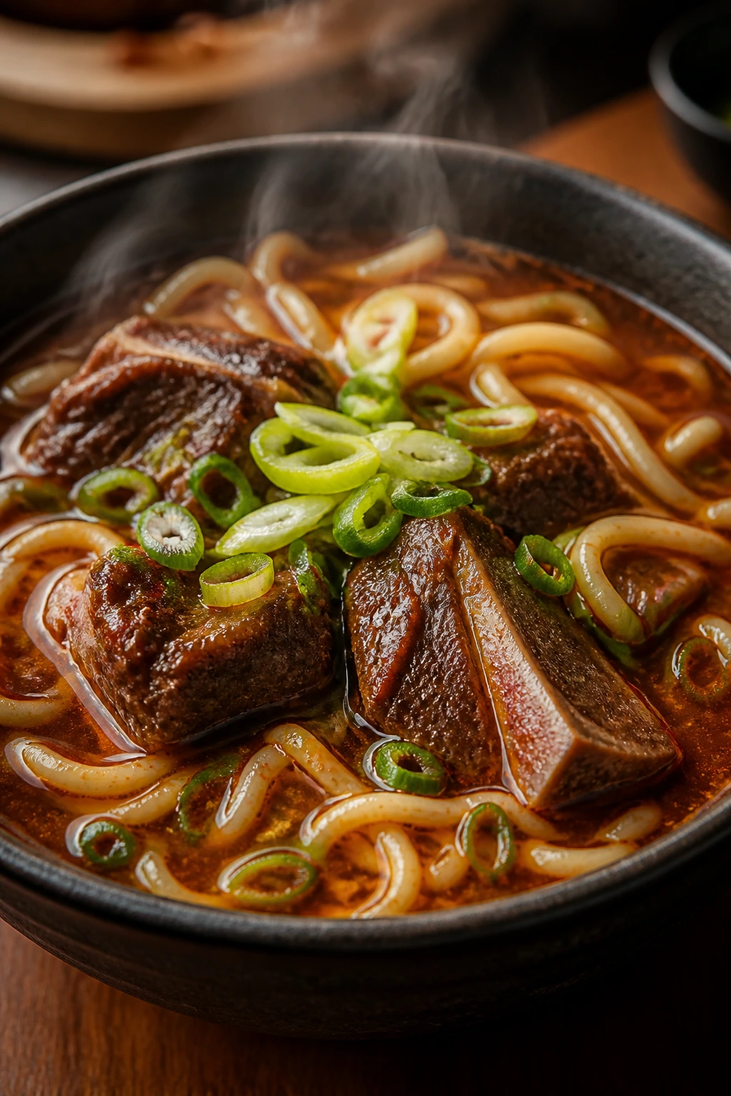 Close-up of spicy short rib noodle soup with scallions