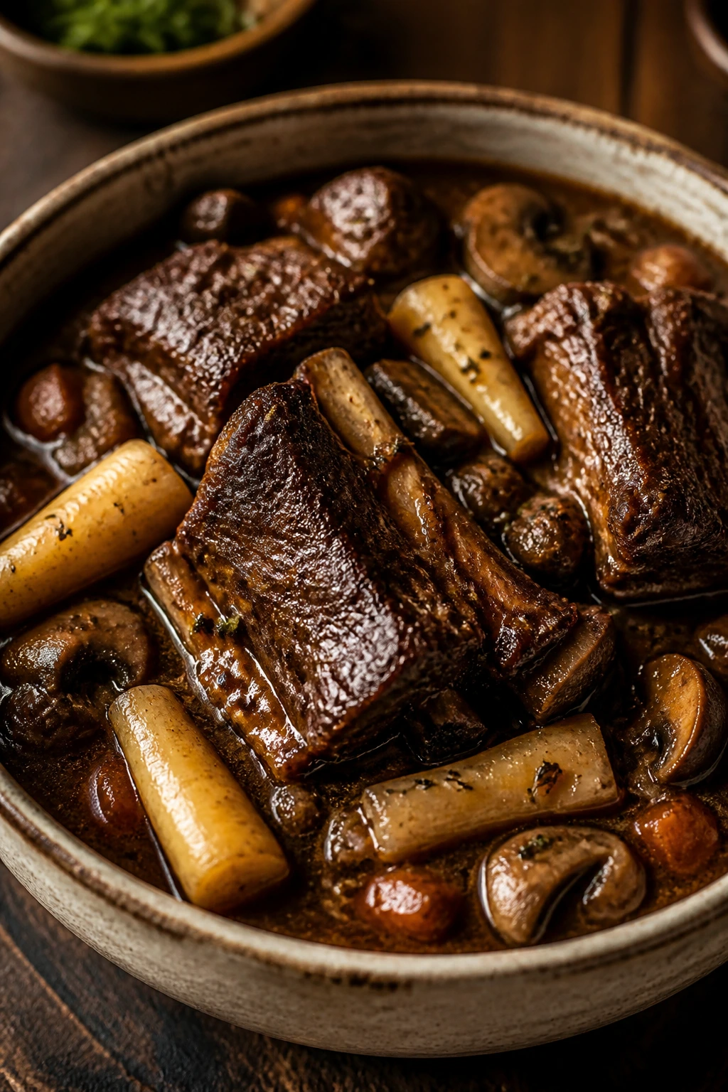 Close-up of braised short rib and parsnips in glossy sauce