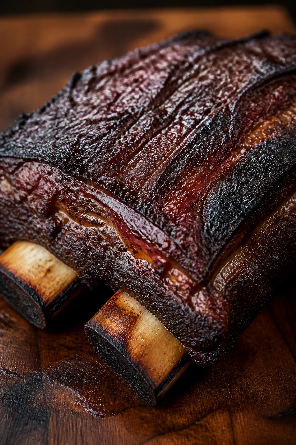 Close-up of smoky beef short ribs with dark bark on wood