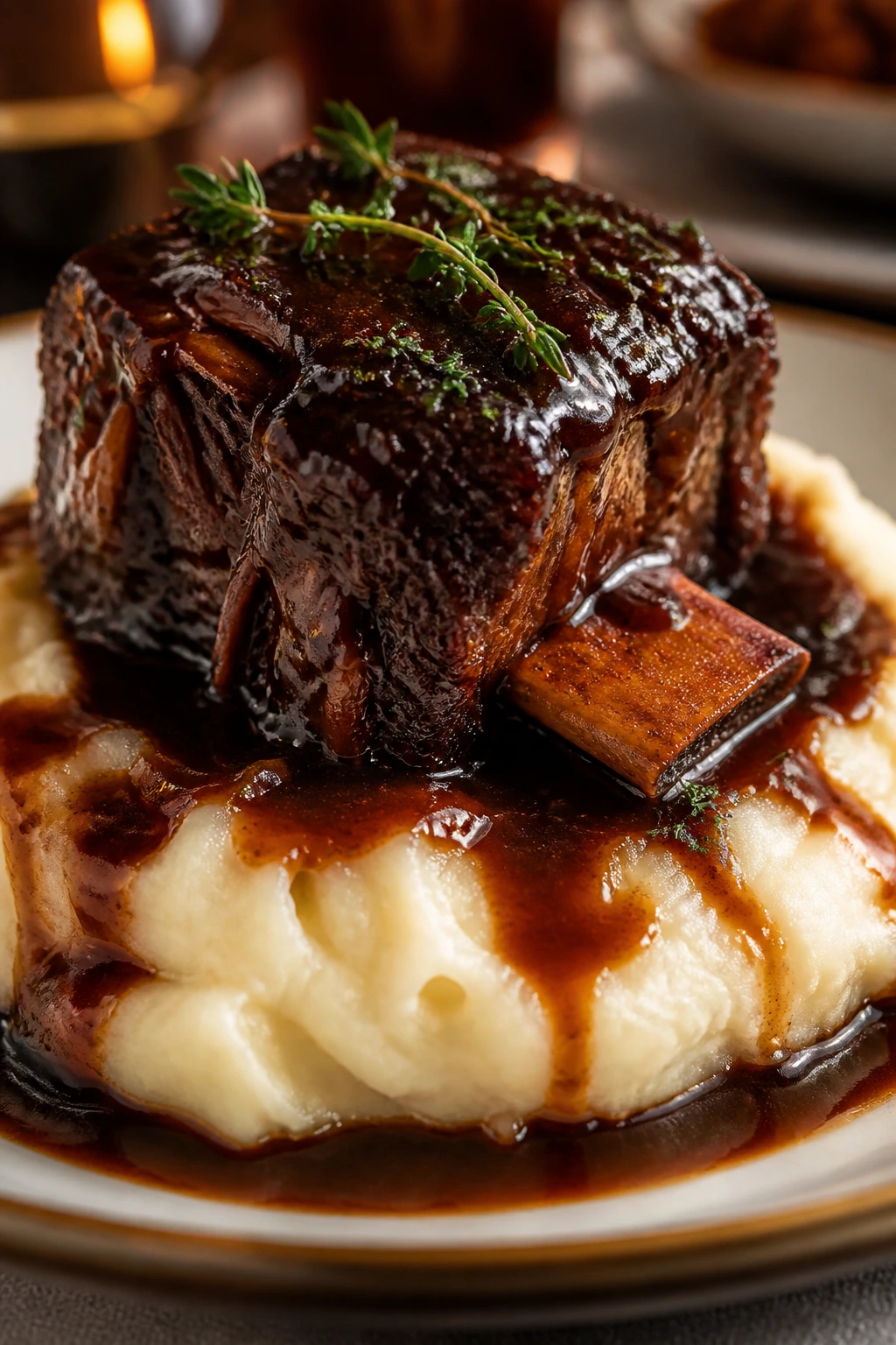 Close-up short ribs with mashed potatoes and glossy sauce on a plate