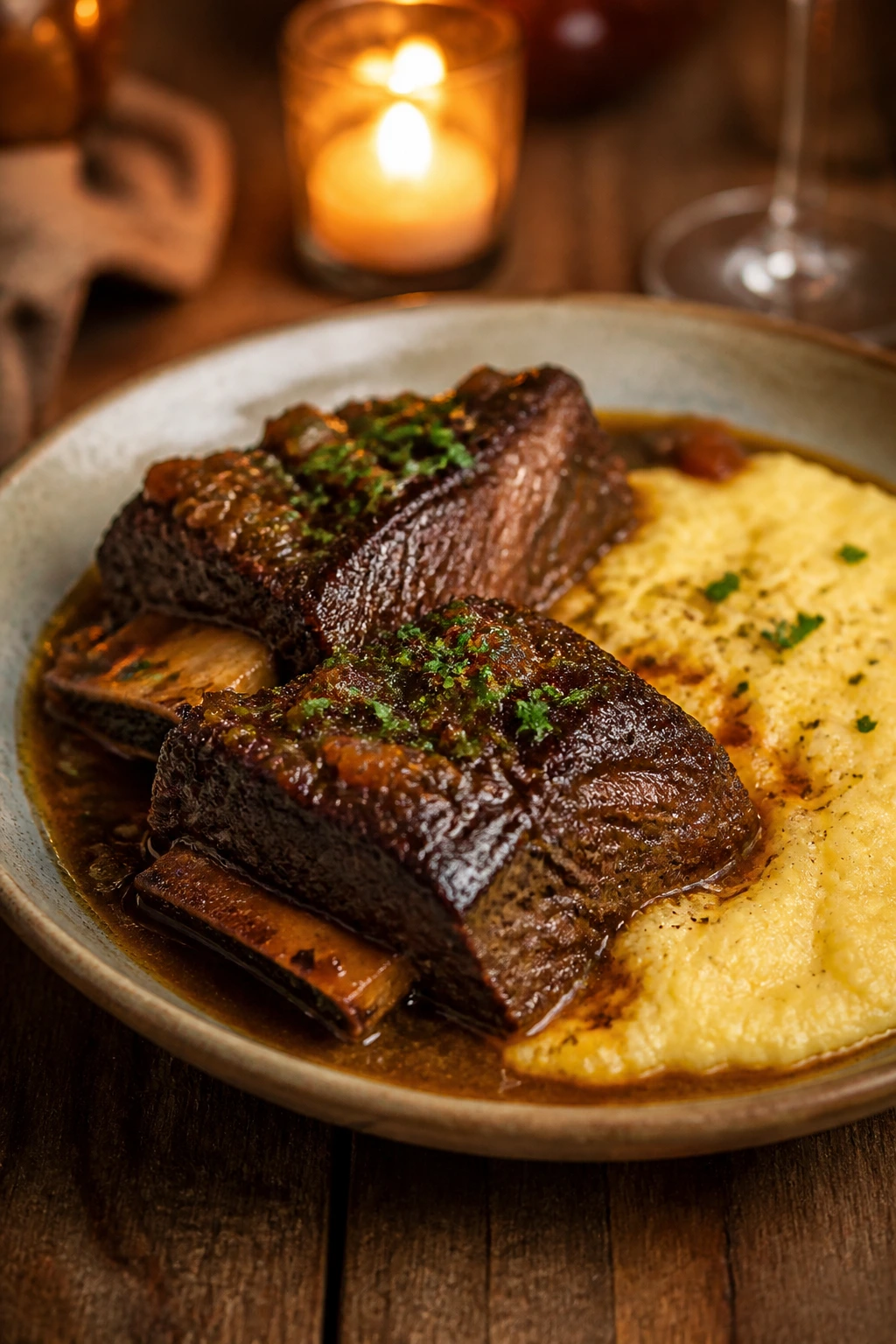 Braised short ribs with creamy polenta on a rustic table