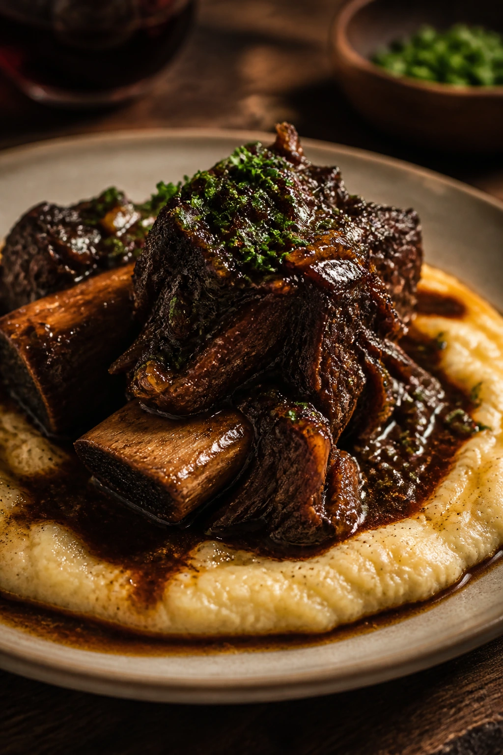 Tender short ribs on parmesan polenta with rich sauce