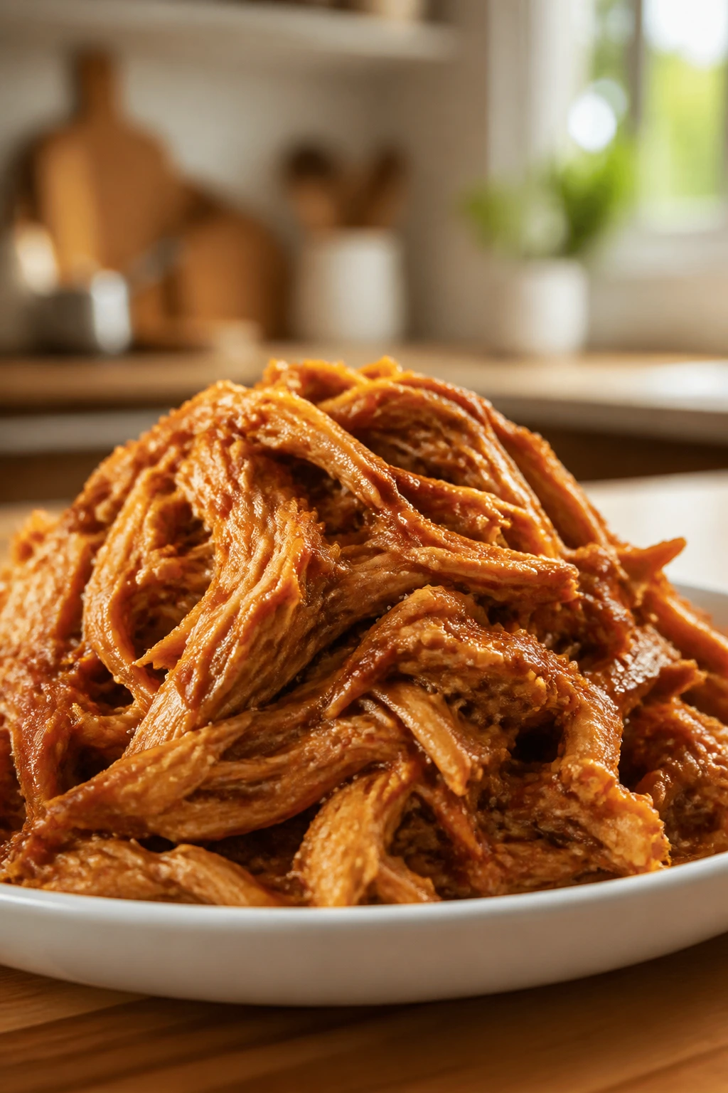Close-up of shredded chicken dinners on a plate in a warm kitchen.