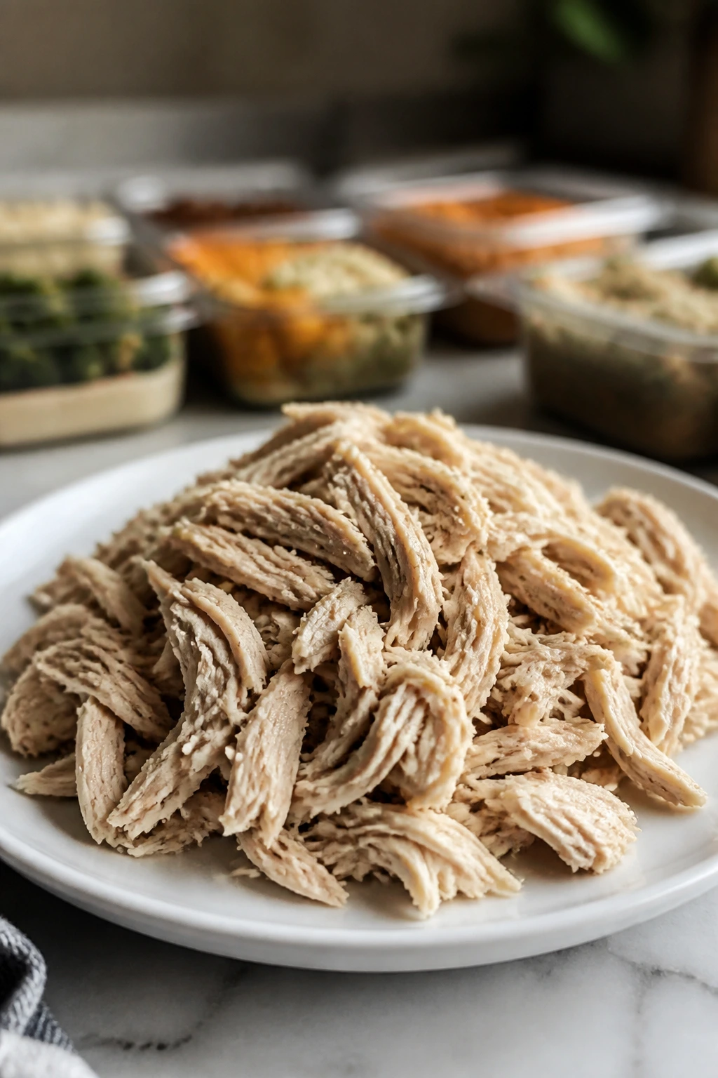 Shredded chicken on a plate with blurred meal-prep containers in background.