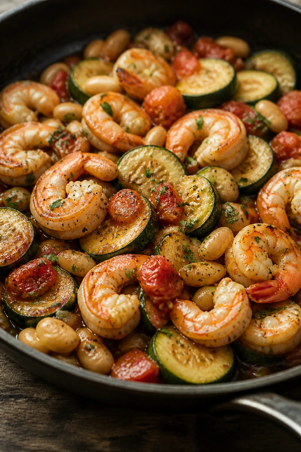 Close-up of shrimp with white beans and zucchini in a skillet on a wooden counter.