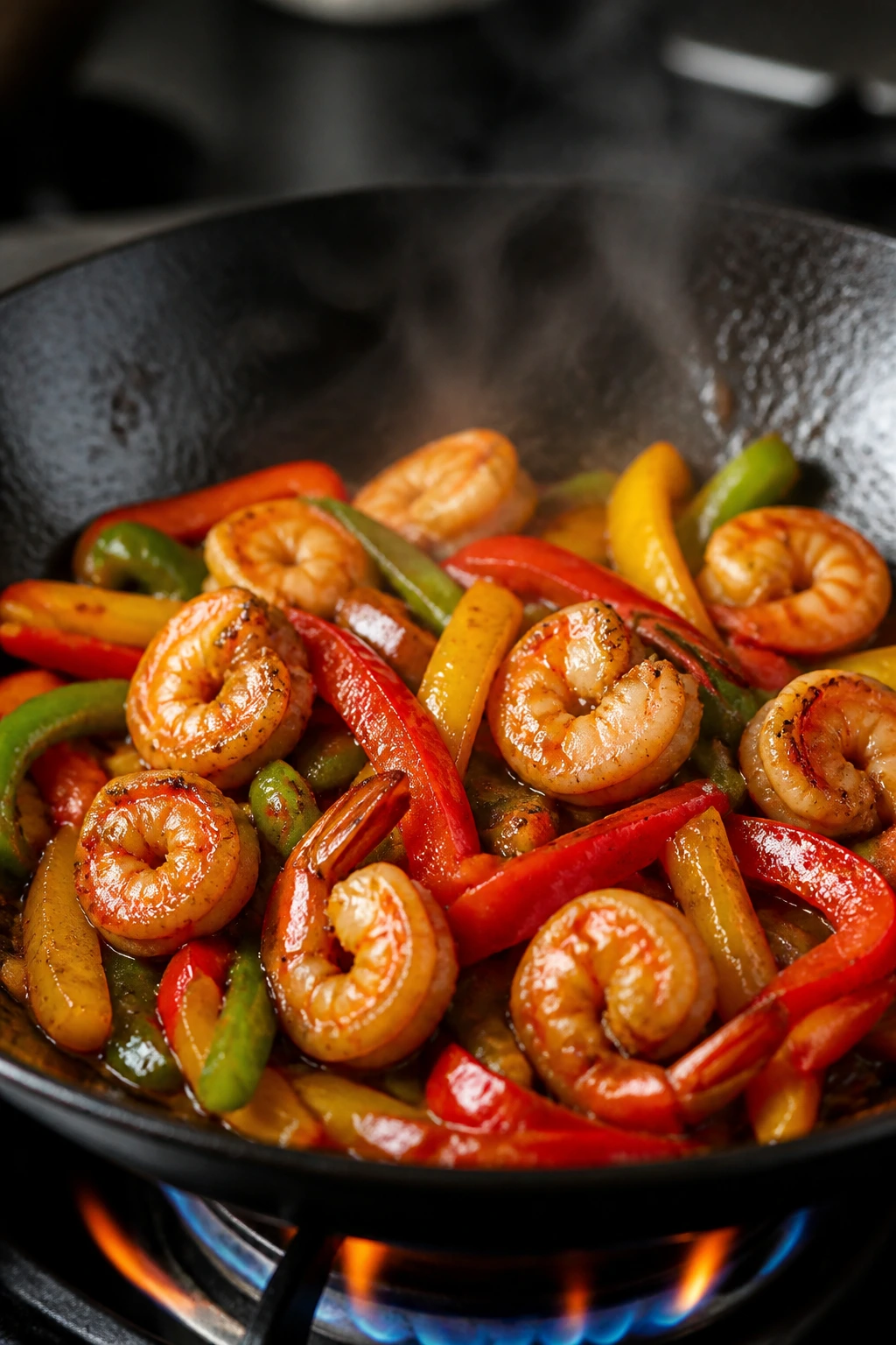 Shrimp and peppers stir-fry in a skillet
