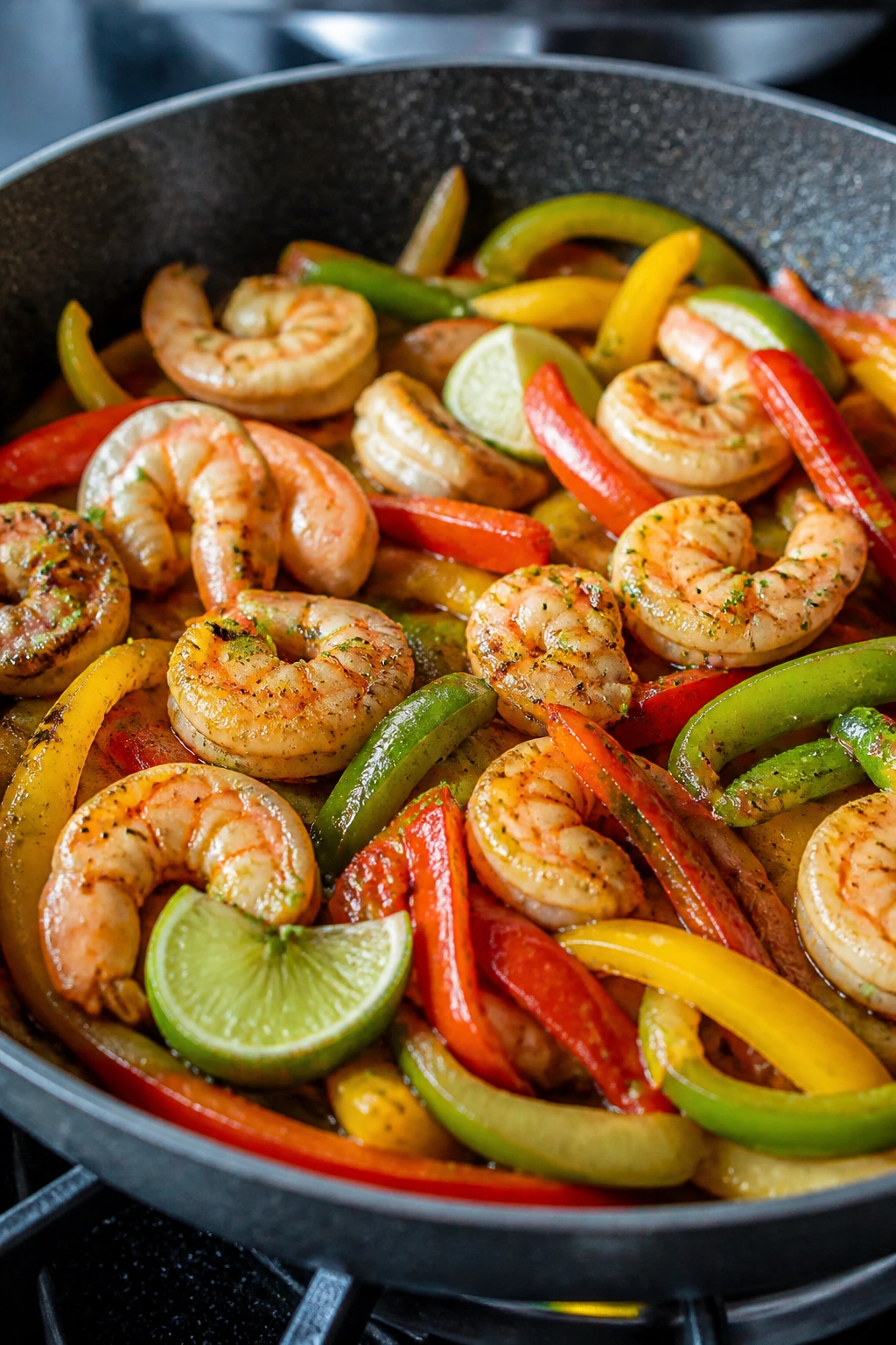 Shrimp and bell pepper stir-fry with lime in a skillet