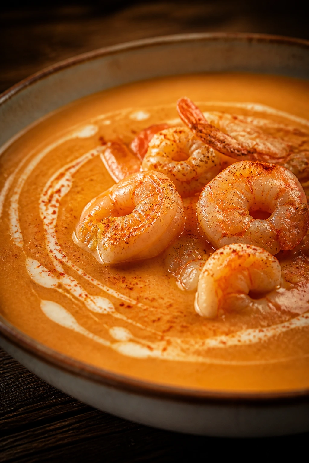 Close-up of creamy shrimp bisque with shrimp and paprika