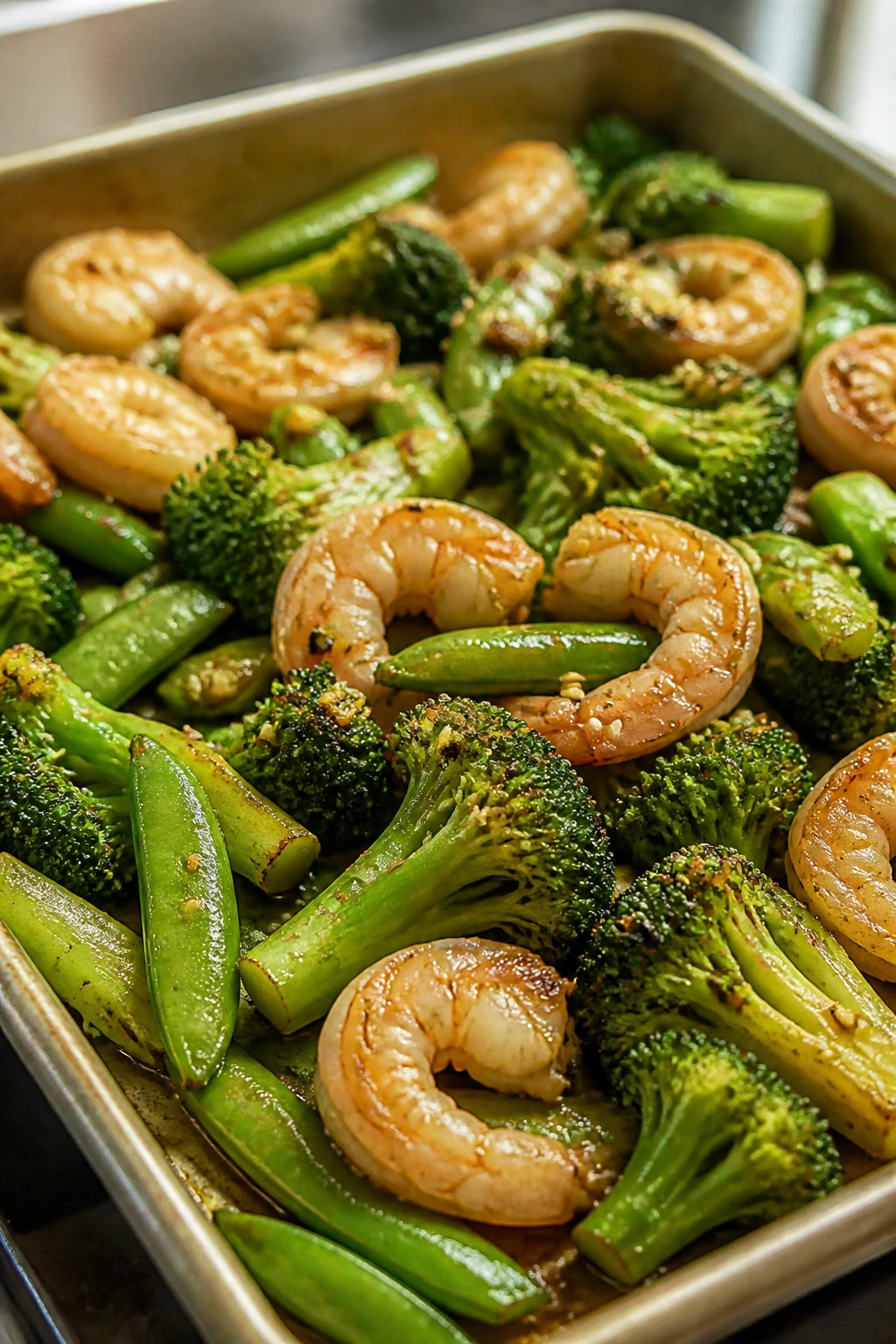 Shrimp with broccoli and snap peas on a sheet pan