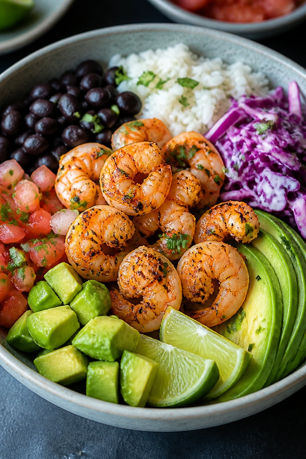 Shrimp burrito bowl with avocado and lime