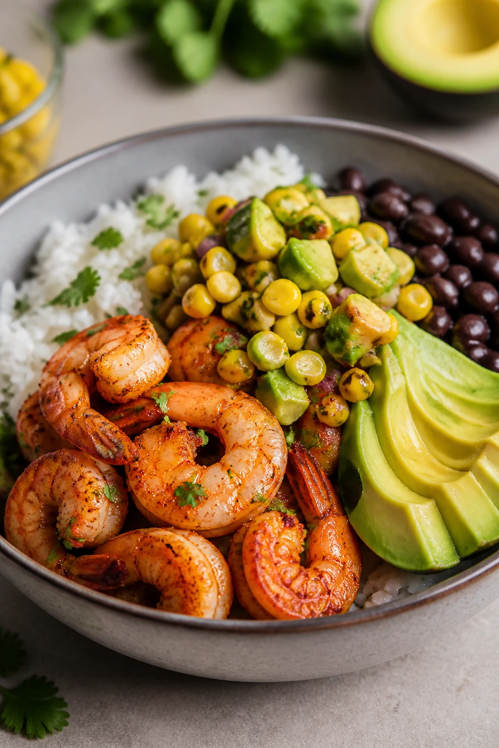 Shrimp burrito bowls with corn and avocado salsa