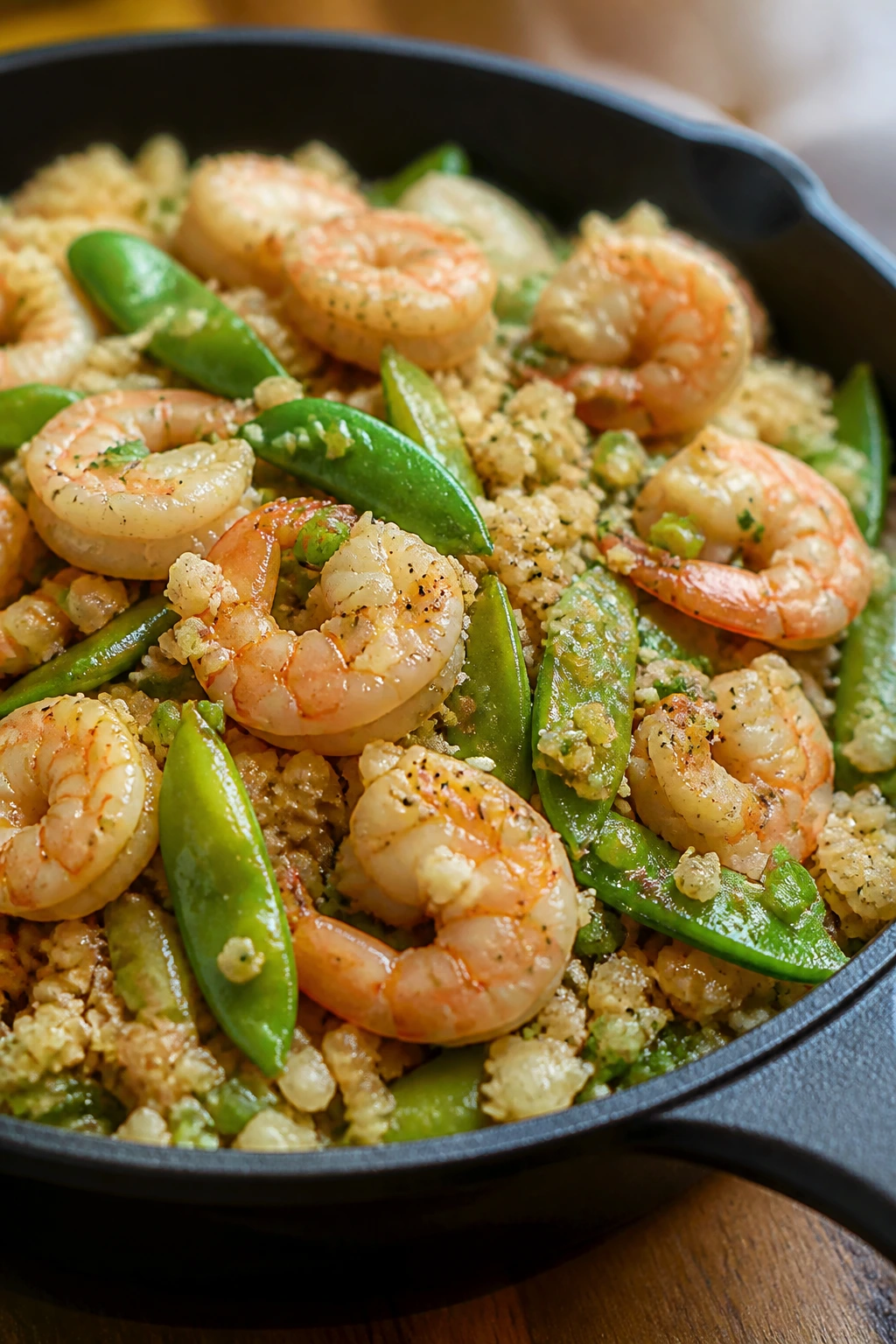 Close-up of shrimp stir-fry with cauliflower rice and snap peas in a skillet