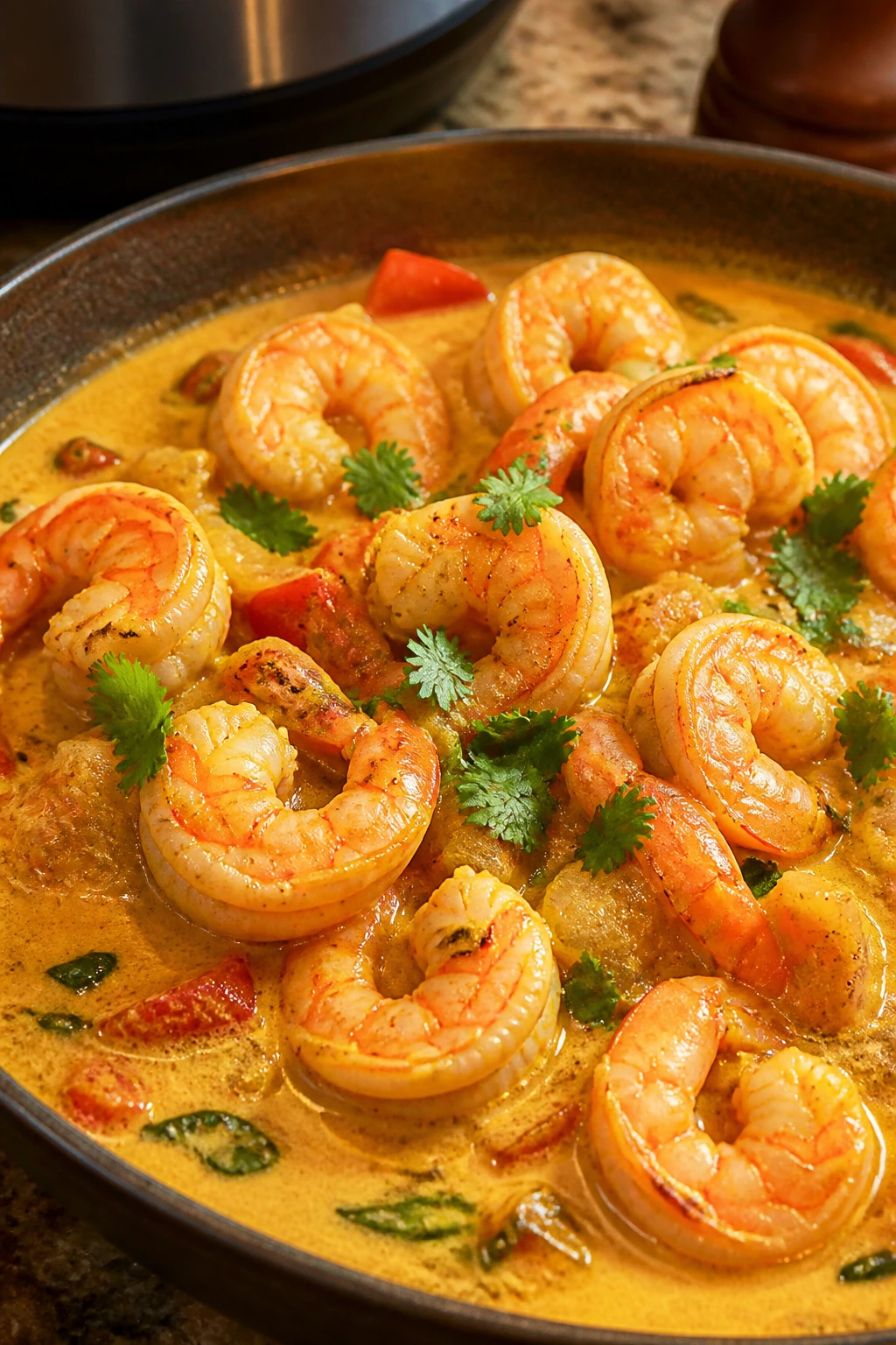 Shrimp in coconut curry in a bowl