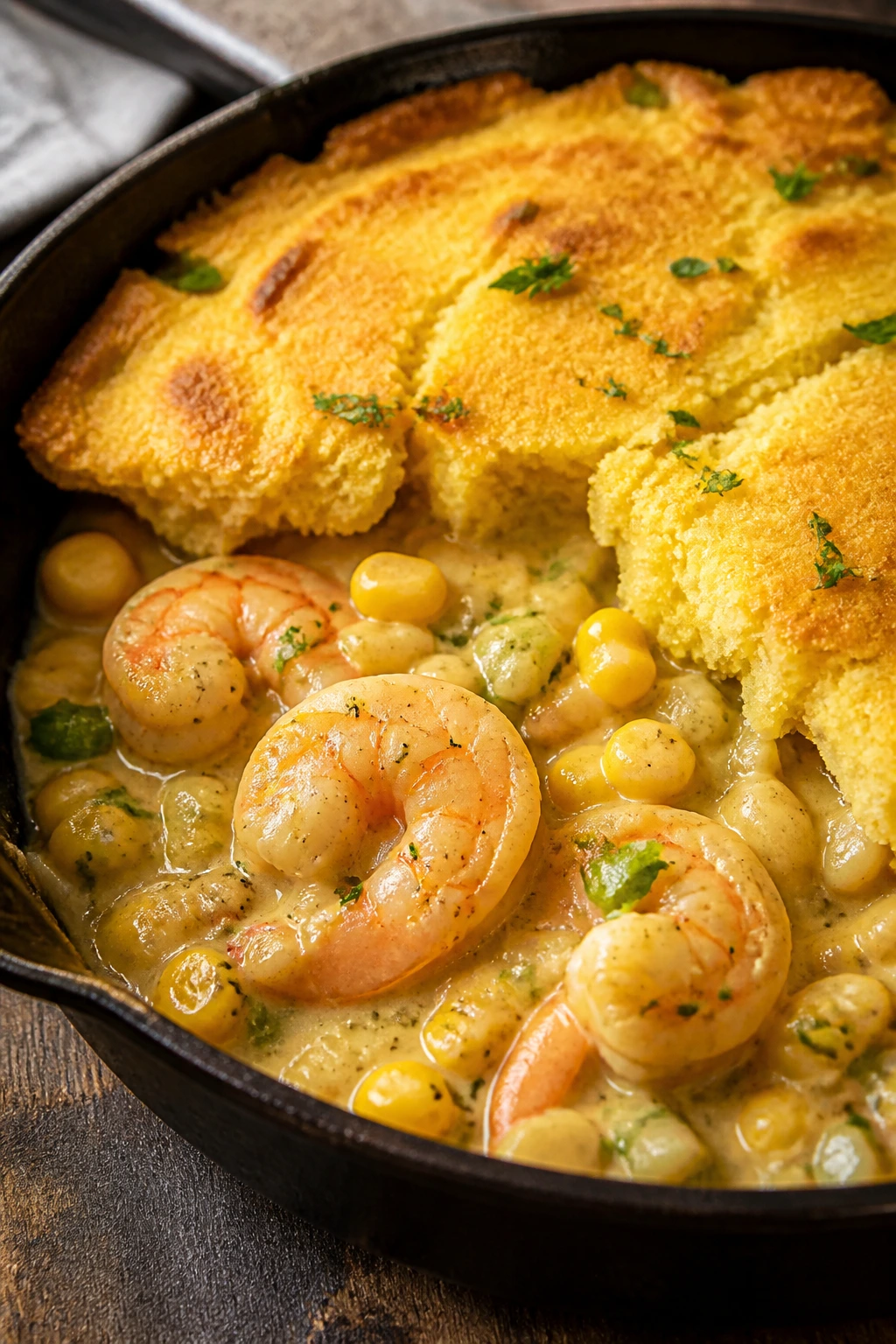Close-up of shrimp and corn pot pie with cornbread top.