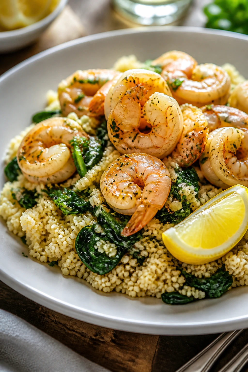 Close-up of Lemon Garlic Shrimp and Couscous with spinach and lemon on a plate