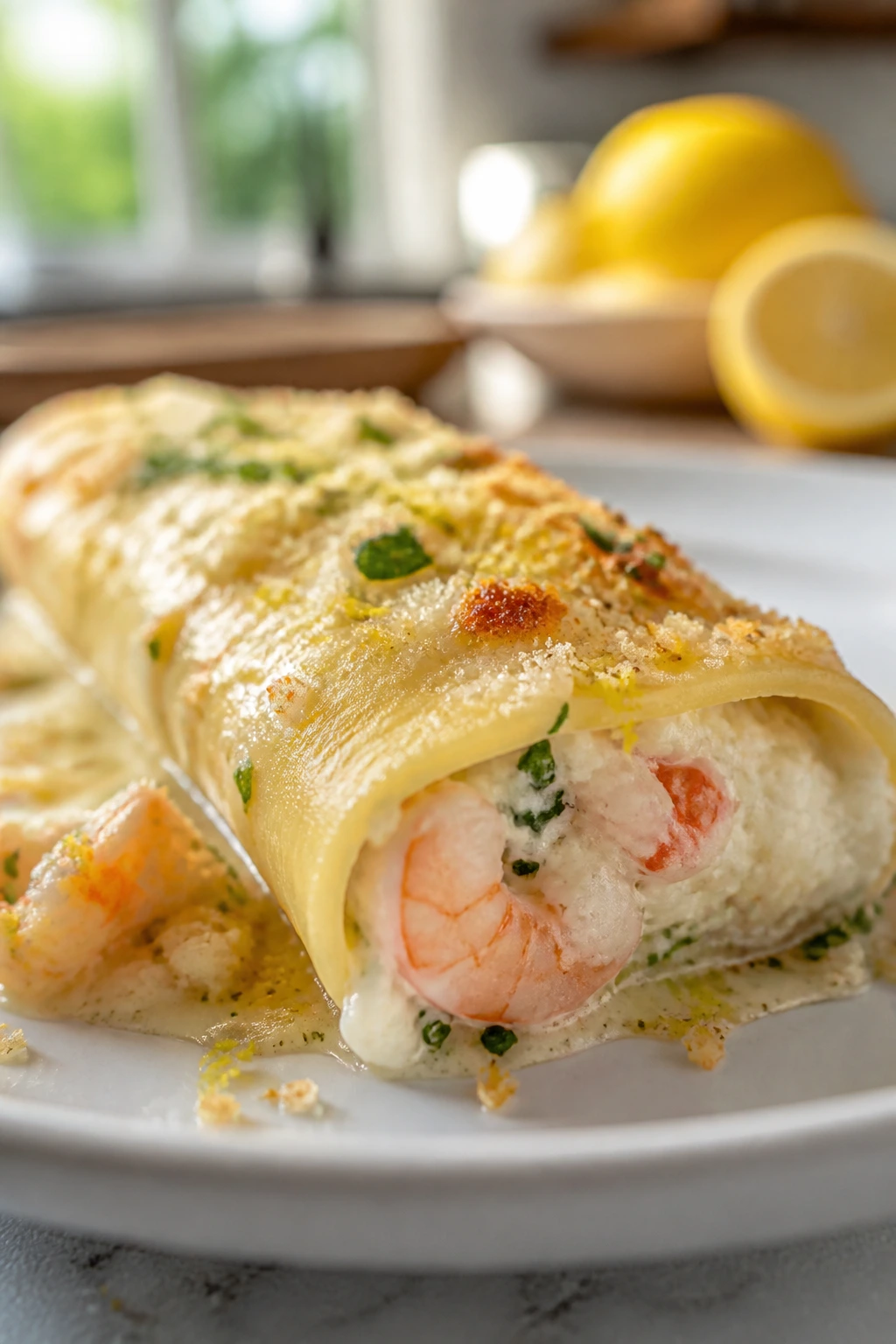Close-up of Shrimp Crab and Lemon Manicotti on white plate with seafood topping