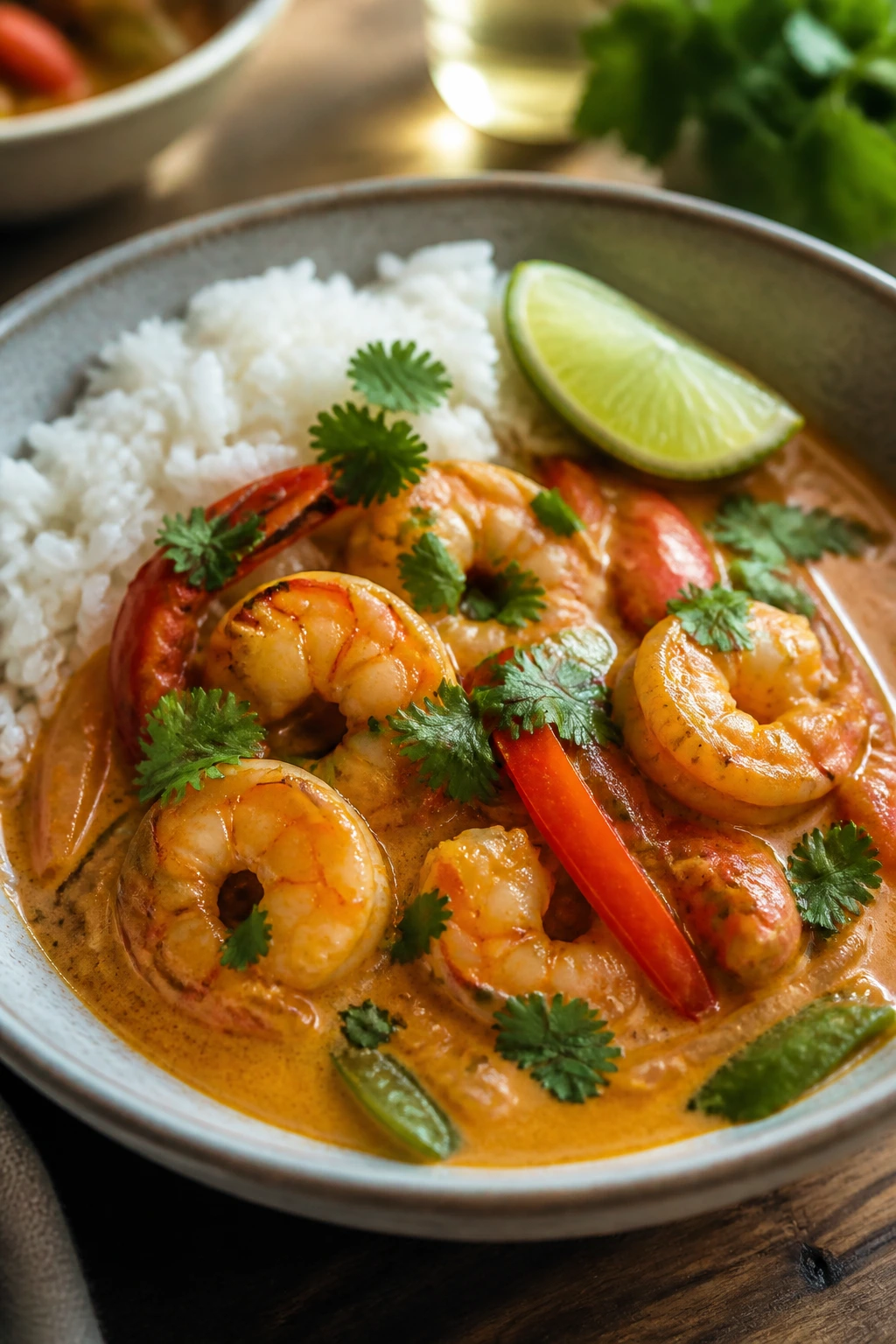 Close-up of coconut red curry shrimp over jasmine rice in a bowl.