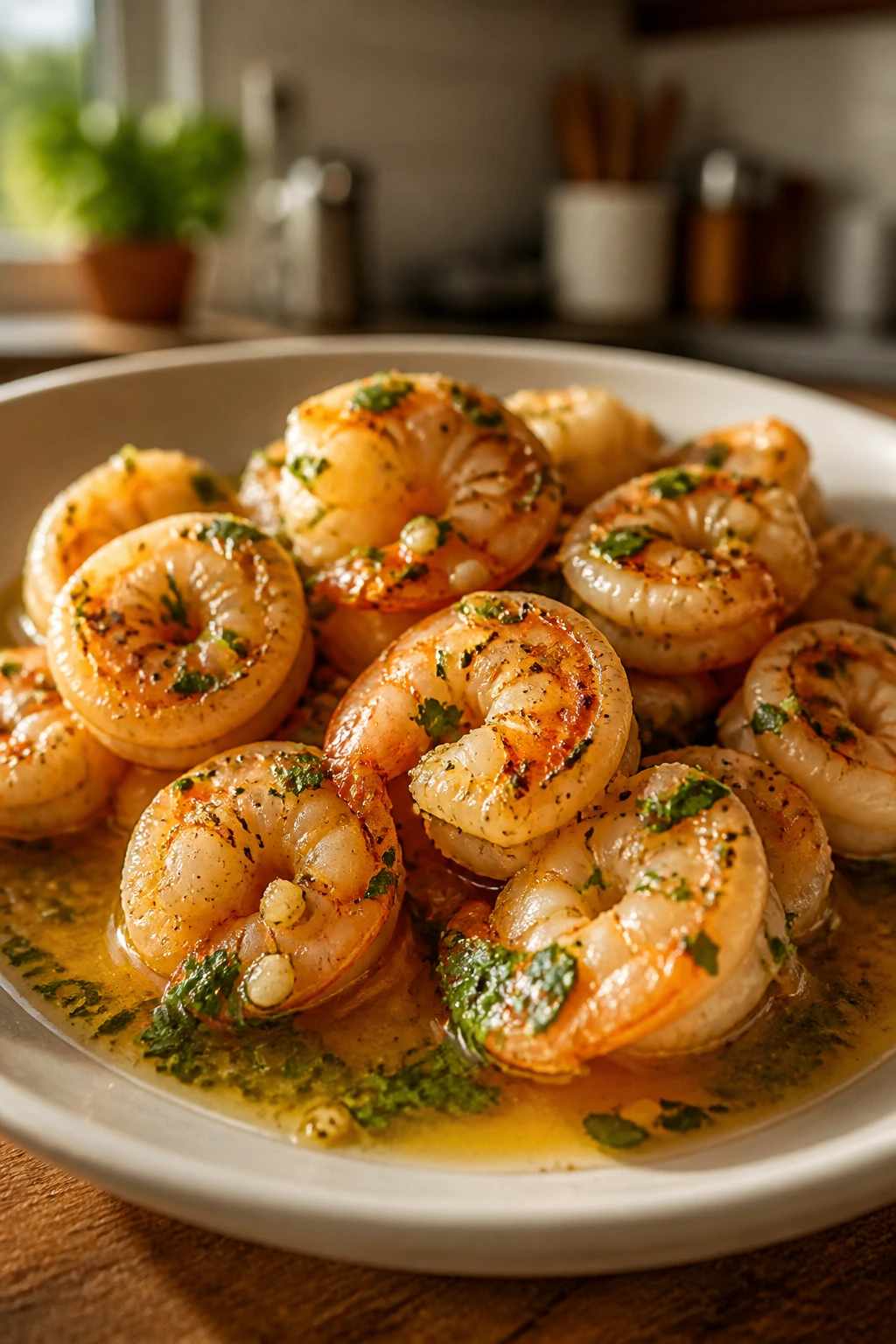 Close-up of a shrimp dish on a plate in a warm kitchen.