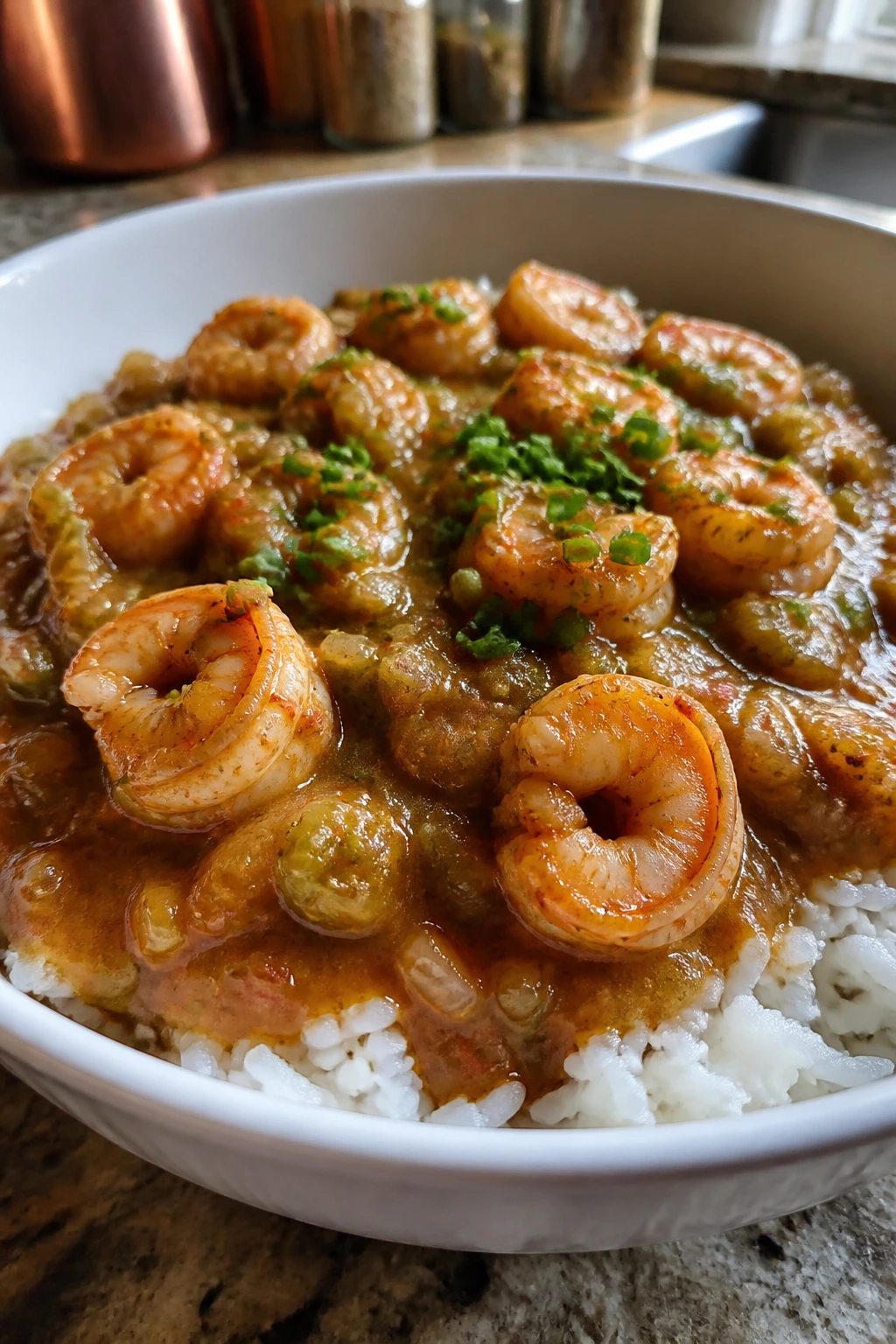 Shrimp étouffée over rice in a white bowl with a rich glossy roux