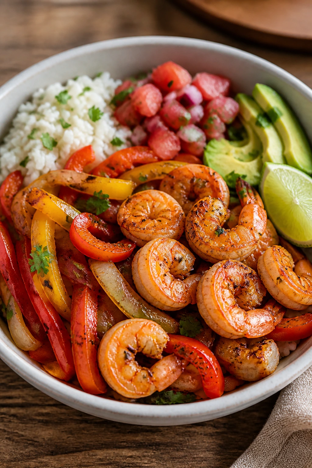 Shrimp fajita bowl with peppers and onions