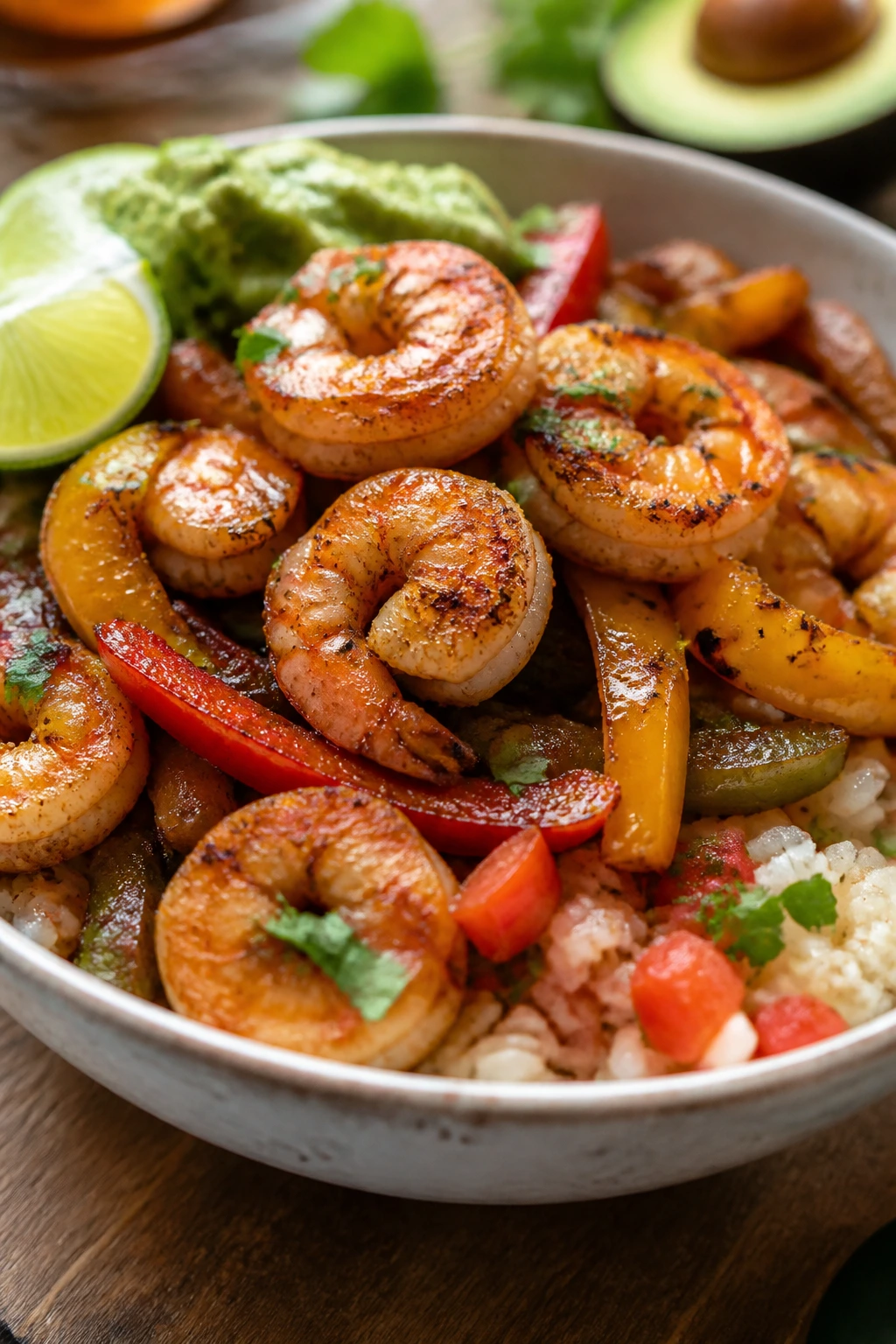 Shrimp fajita bowl with peppers and rice in bowl