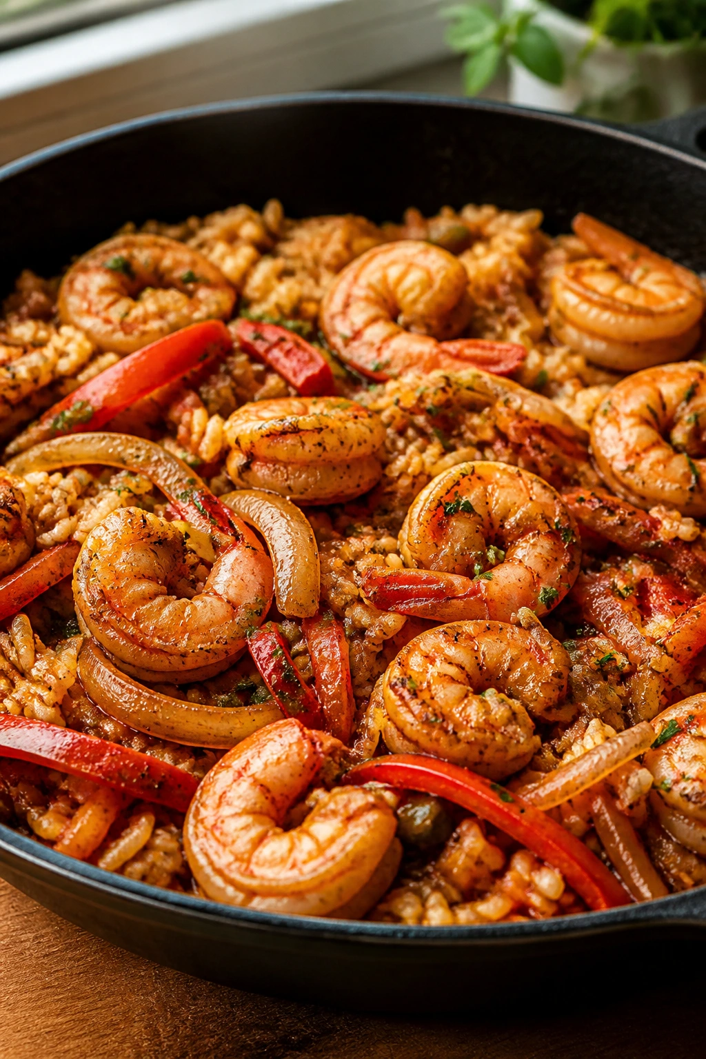 Close-up of shrimp fajita rice skillet with peppers and shrimp in a warm kitchen