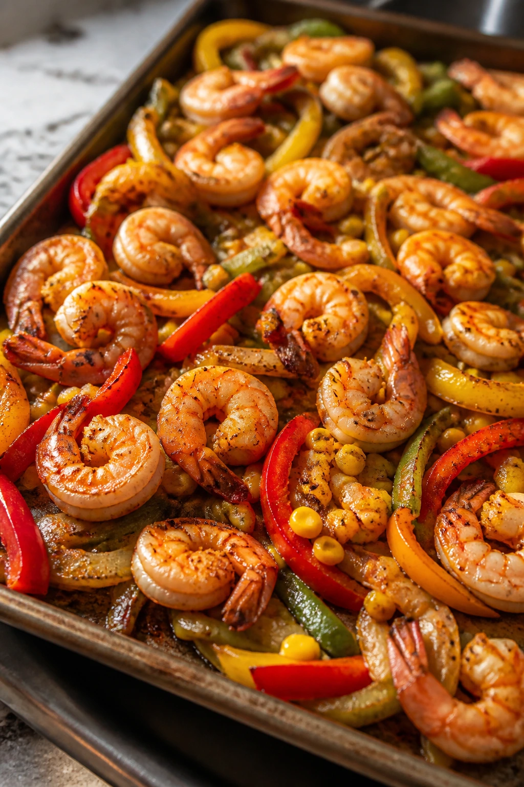 Shrimp fajita on sheet pan with peppers and corn