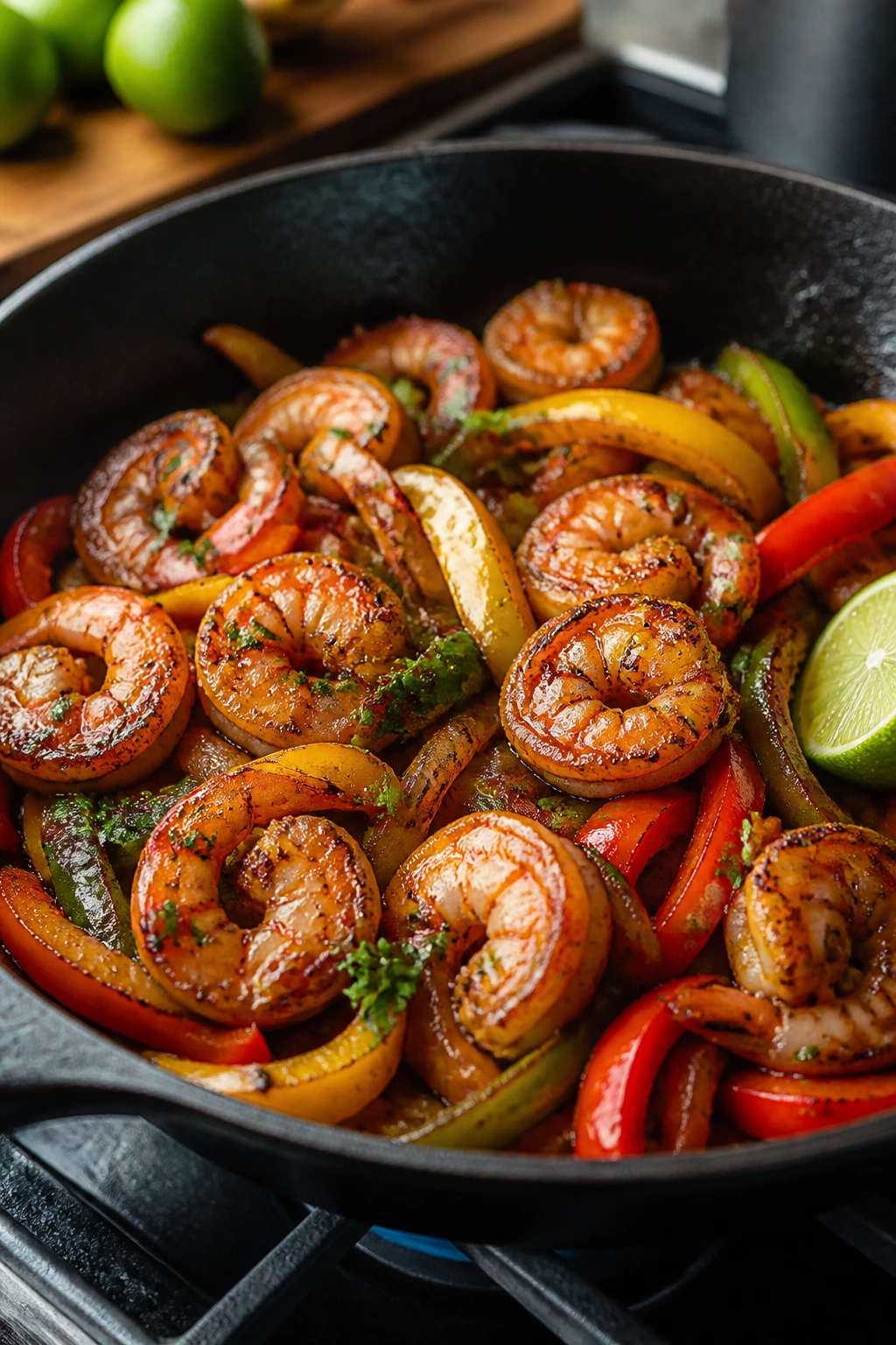 Close-up of shrimp fajitas with garlic butter in a skillet