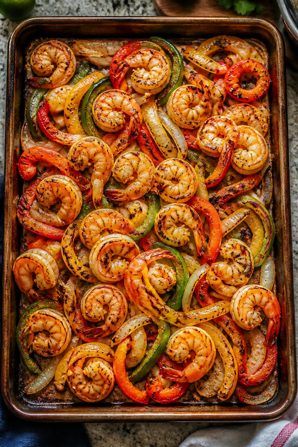 Sheet pan shrimp fajitas with peppers and onions.