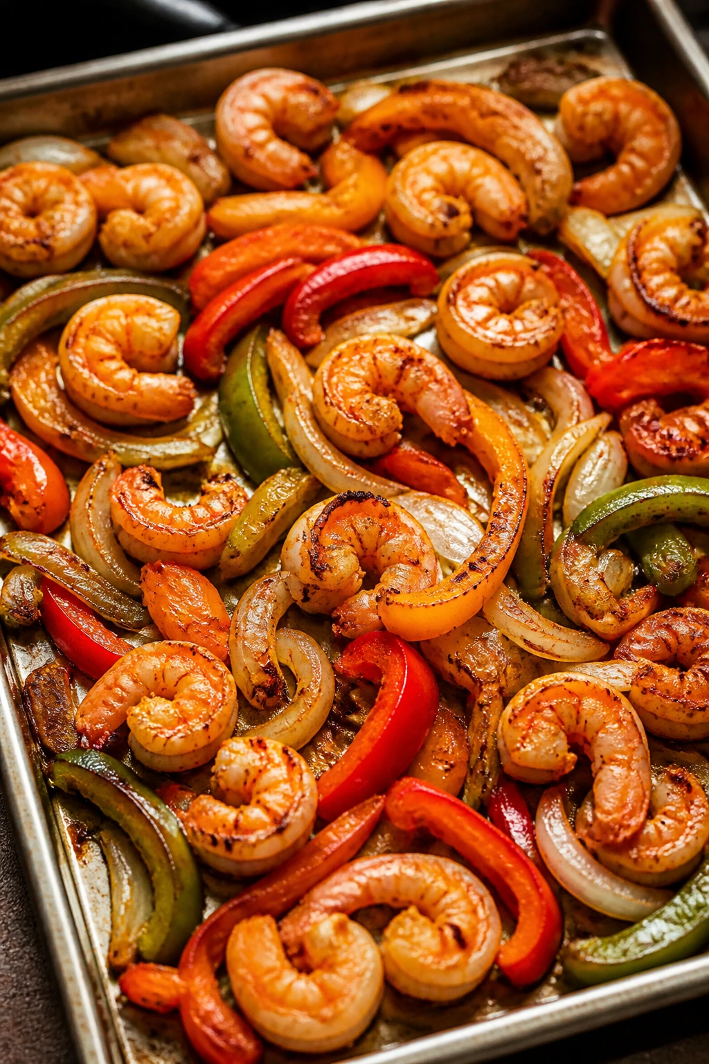 Close-up of shrimp fajitas on a sheet pan with peppers and onions.