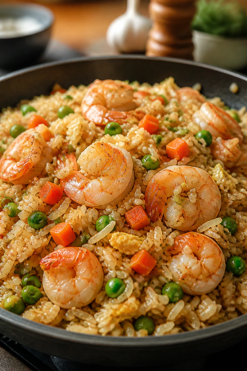 Close-up of shrimp fried rice with vegetables in a skillet.
