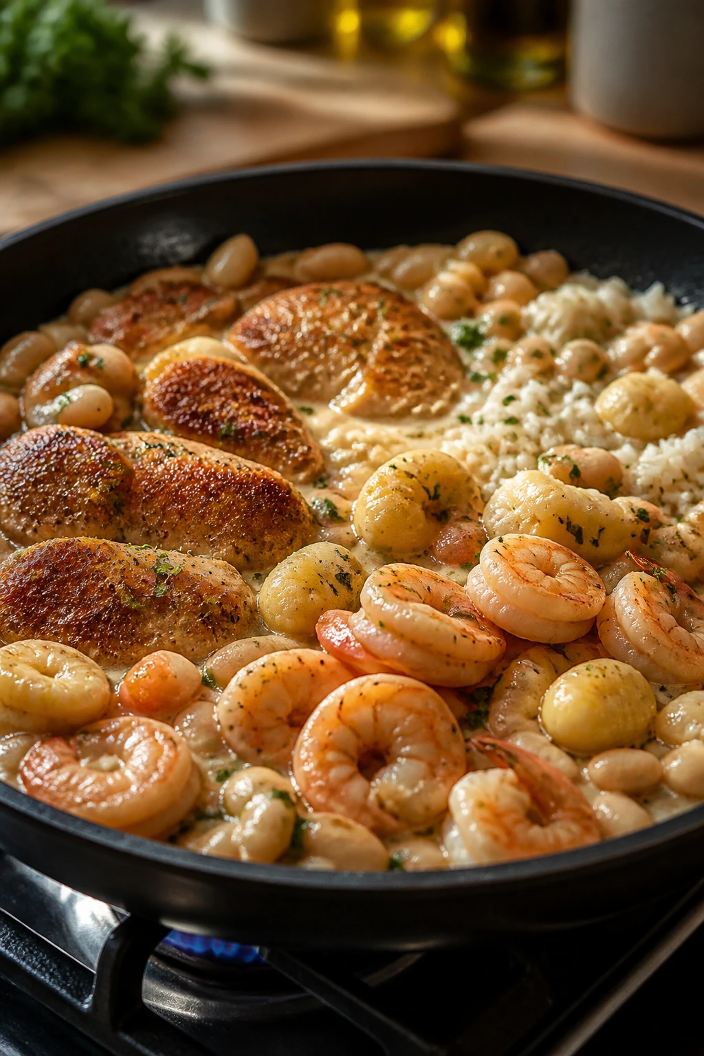 Skillet dinner featuring shrimp, chicken cutlets, gnocchi, beans, rice and sauces in a warm kitchen