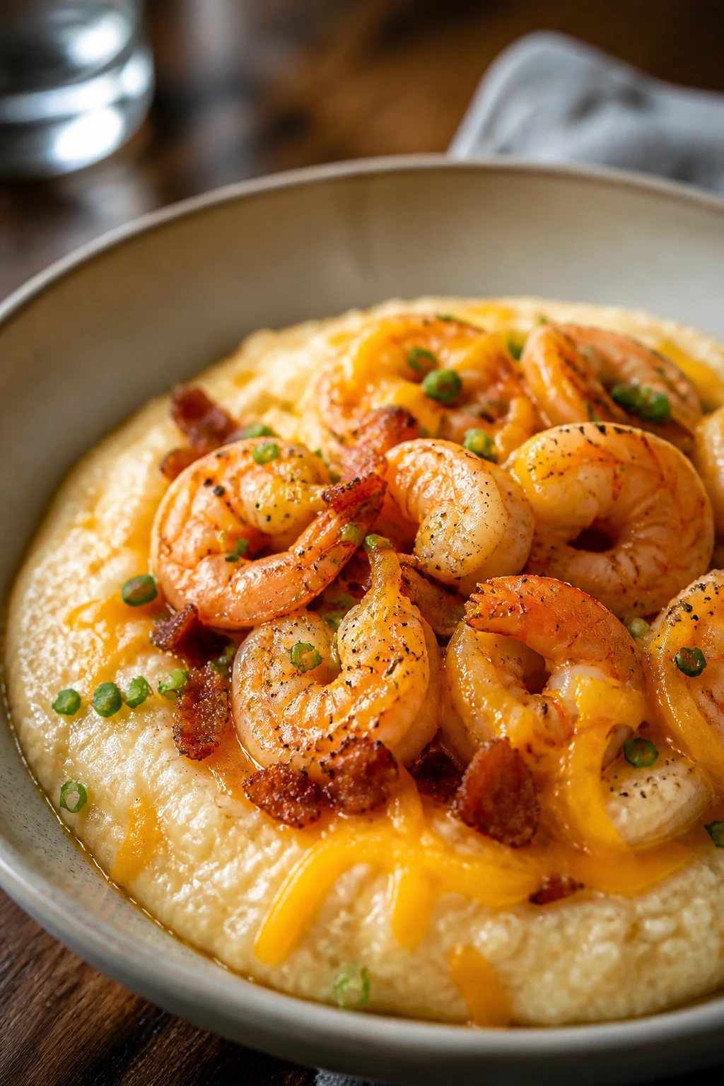 Shrimp and grits in a rustic bowl