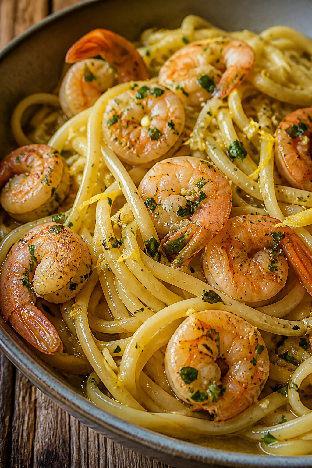 Close-up of garlic butter shrimp scampi with linguine on a rustic wooden table.