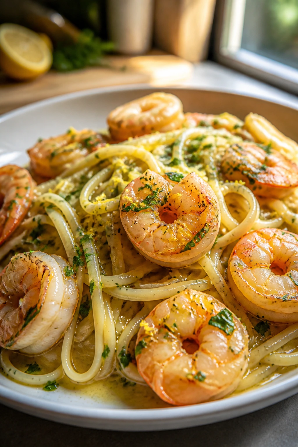 Close-up of lemon garlic shrimp scampi with linguine in butter sauce and parsley