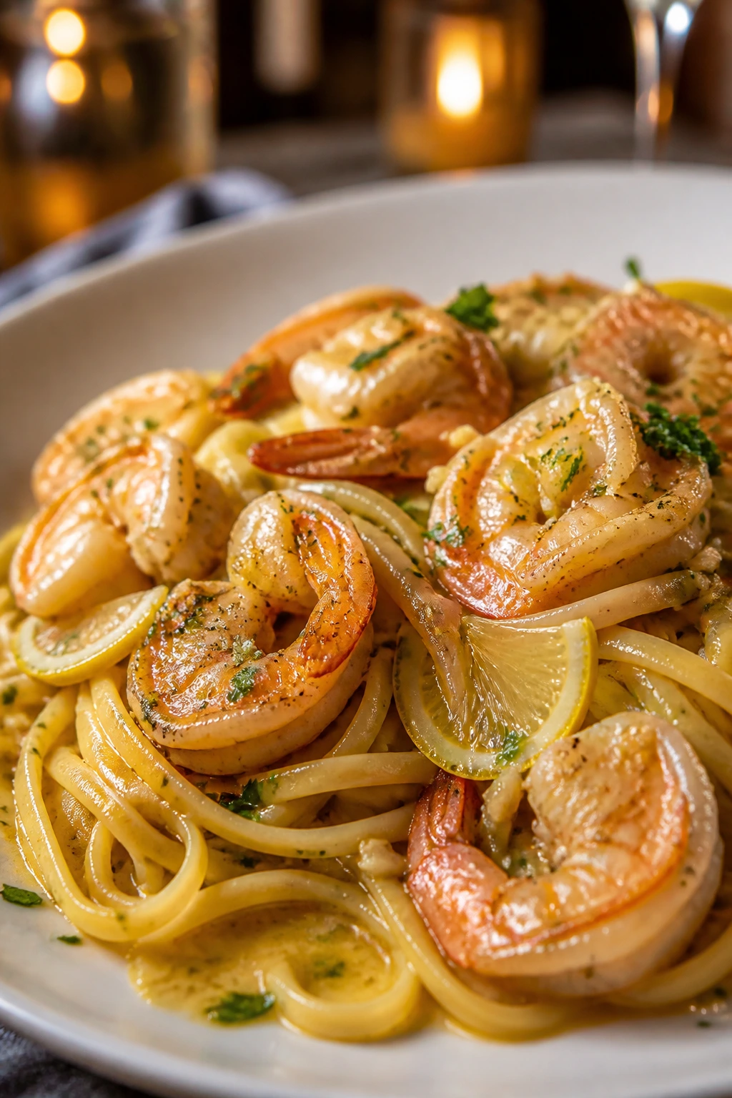 Shrimp scampi with linguine in lemon-butter sauce on a plate