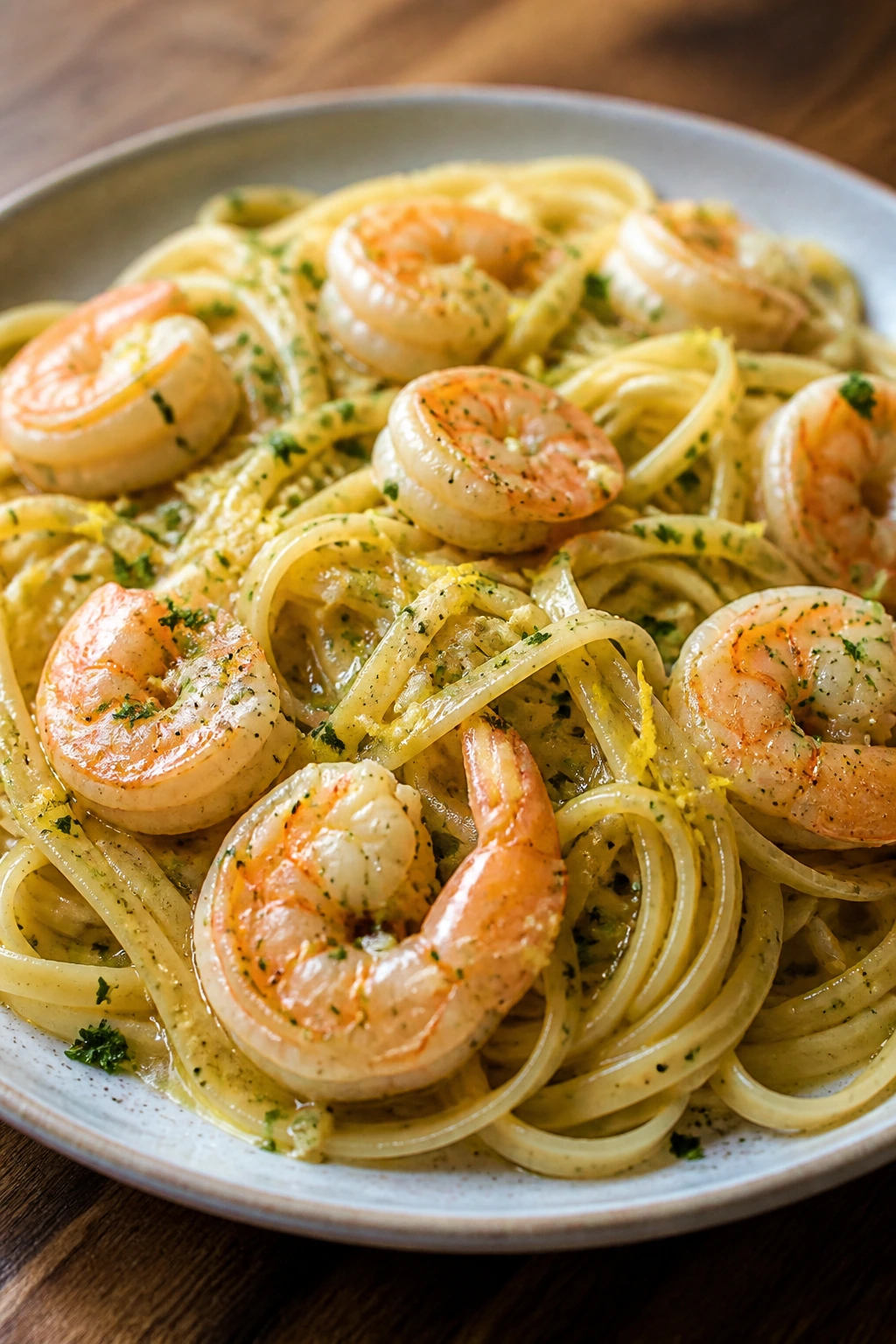 Close-up of shrimp scampi with linguine in lemon butter sauce on plate.