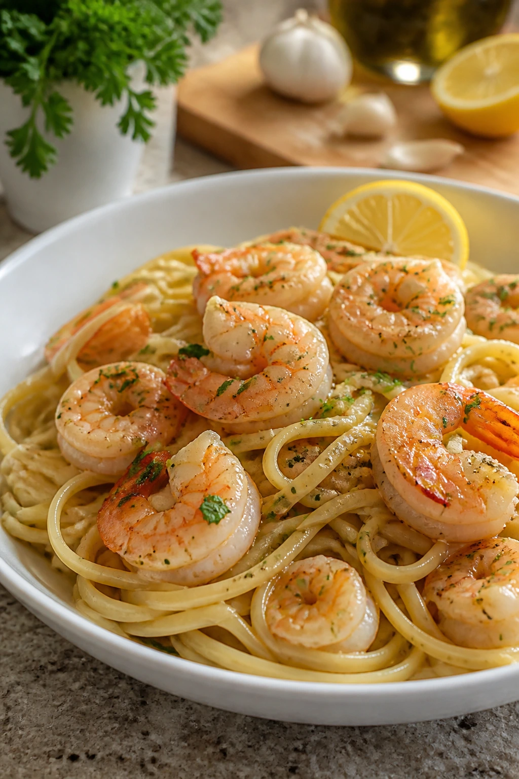 Close-up of garlic butter shrimp with linguine in a glossy sauce.